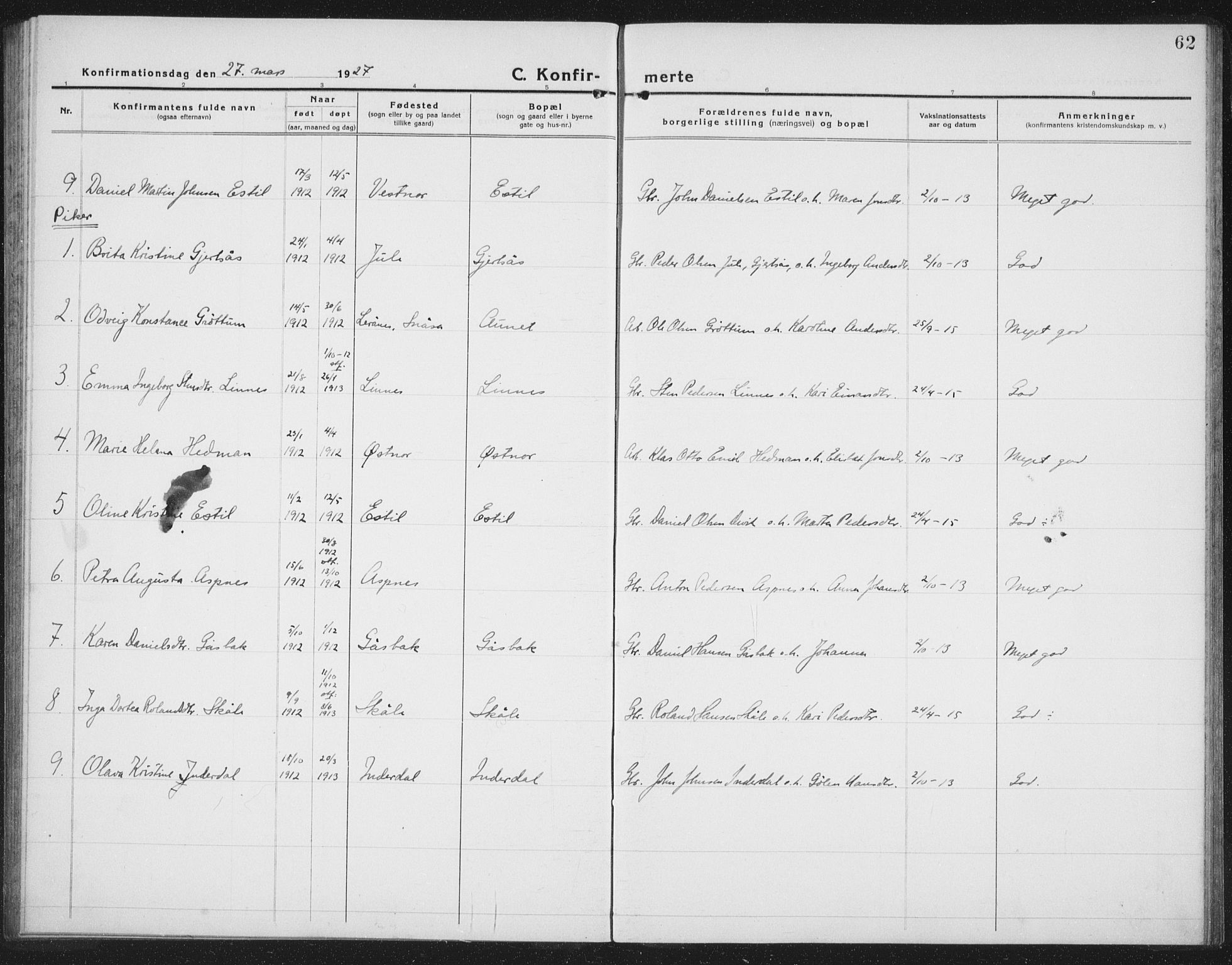 Ministerialprotokoller, klokkerbøker og fødselsregistre - Nord-Trøndelag, AV/SAT-A-1458/757/L0507: Parish register (copy) no. 757C02, 1923-1939, p. 62