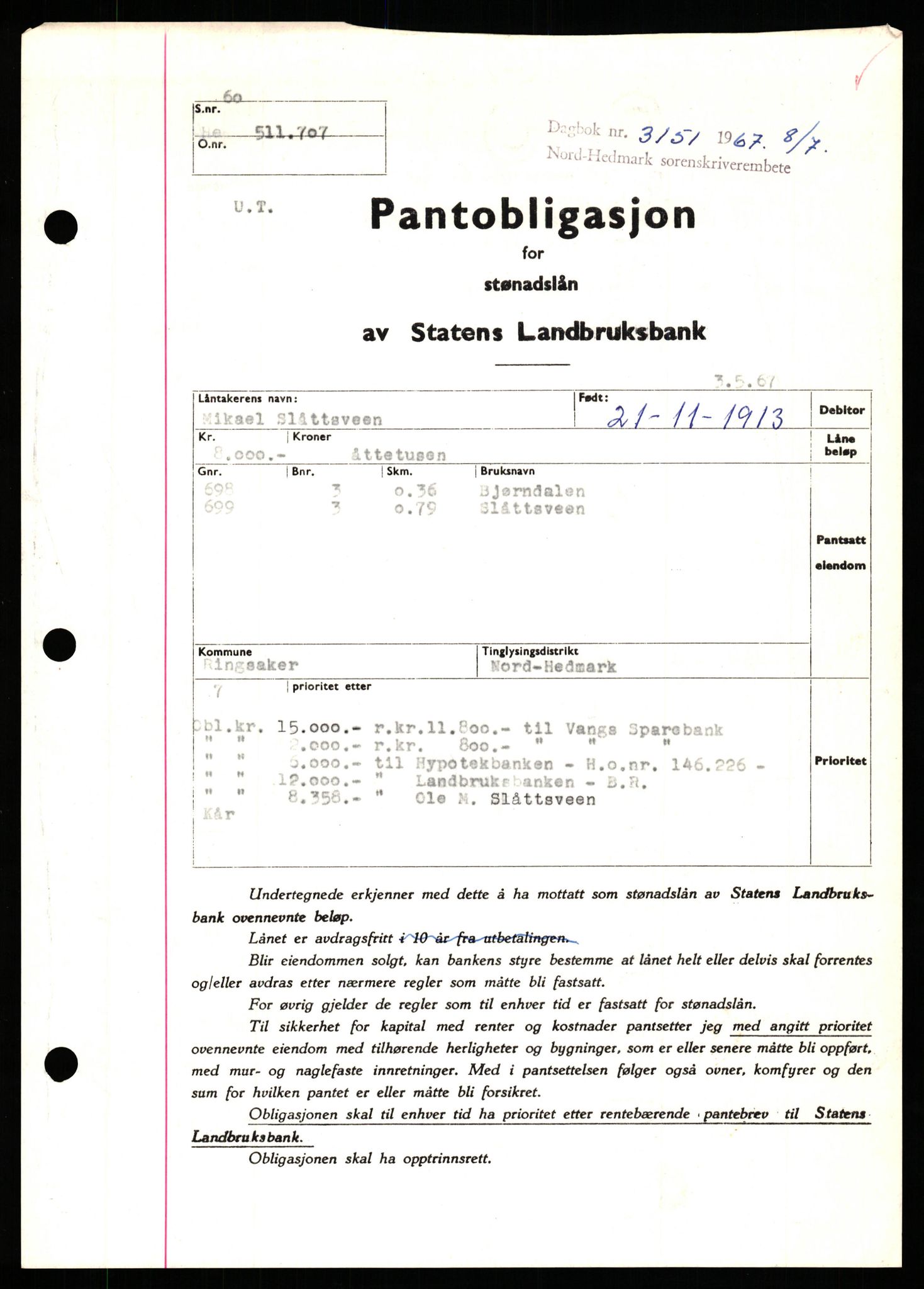 Nord-Hedmark sorenskriveri, SAH/TING-012/H/Hb/Hbf/L0071: Mortgage book no. B71, 1967-1967, Diary no: : 3151/1967