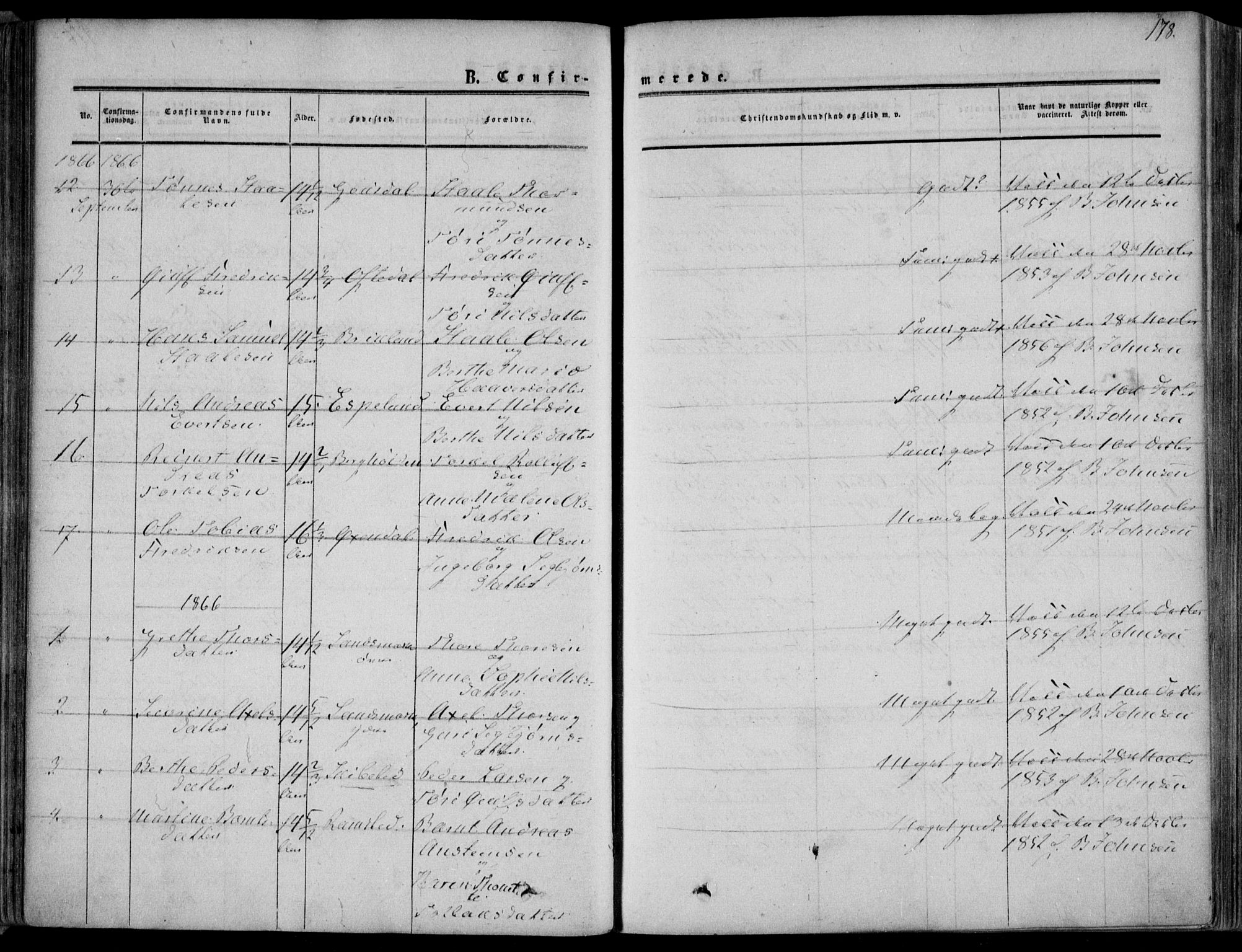 Bakke sokneprestkontor, AV/SAK-1111-0002/F/Fa/Faa/L0006: Parish register (official) no. A 6, 1855-1877, p. 178