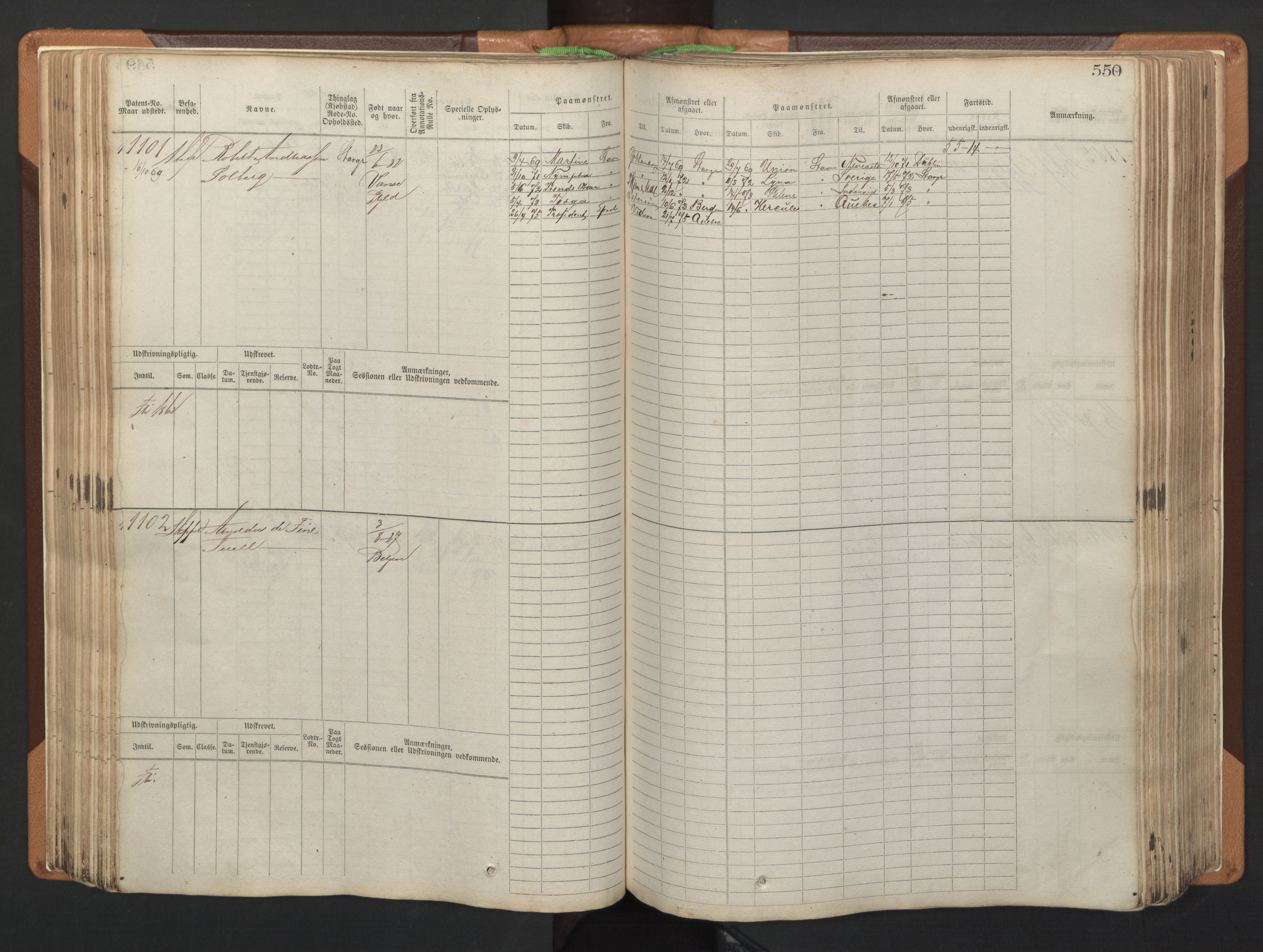 Stavanger sjømannskontor, SAST/A-102006/F/Fb/Fbb/L0005: Sjøfartshovedrulle, patentnr. 793-1606 (del 2), 1869-1880, p. 160