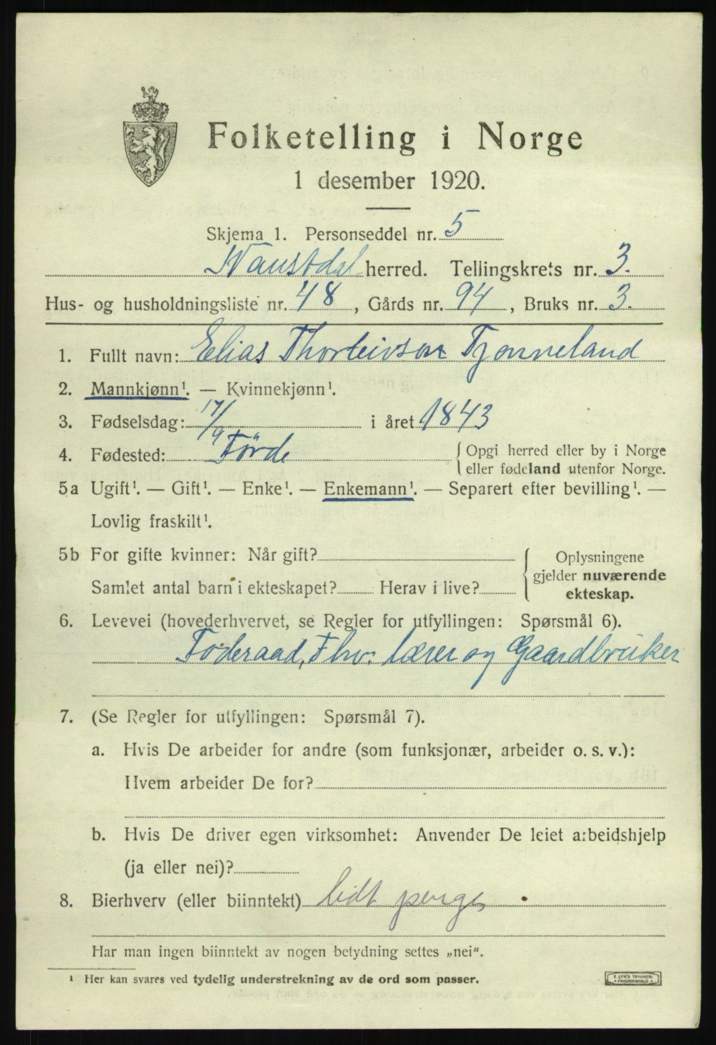 SAB, 1920 census for Naustdal, 1920, p. 2349