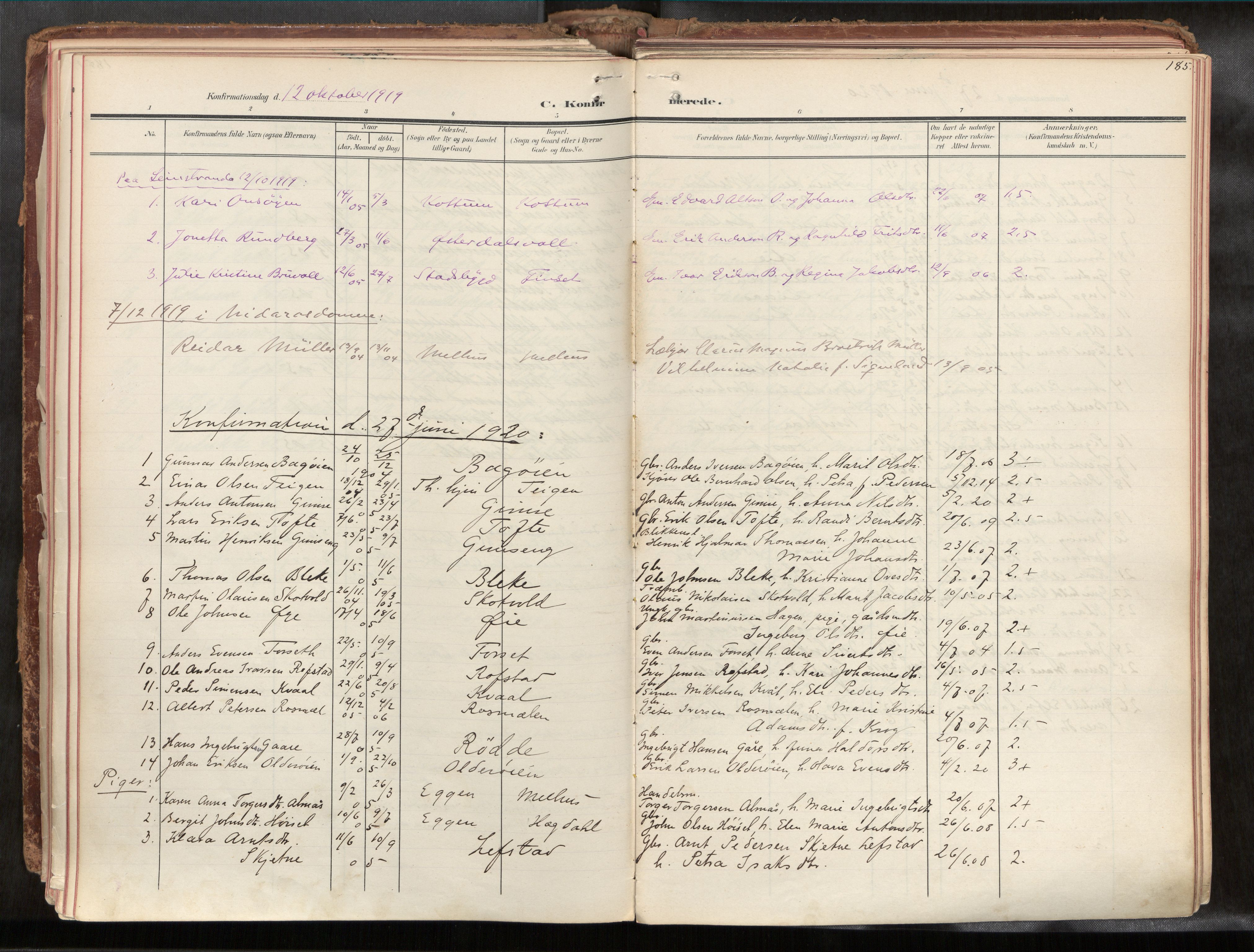 Ministerialprotokoller, klokkerbøker og fødselsregistre - Sør-Trøndelag, SAT/A-1456/691/L1085b: Parish register (official) no. 691A18, 1908-1930, p. 185