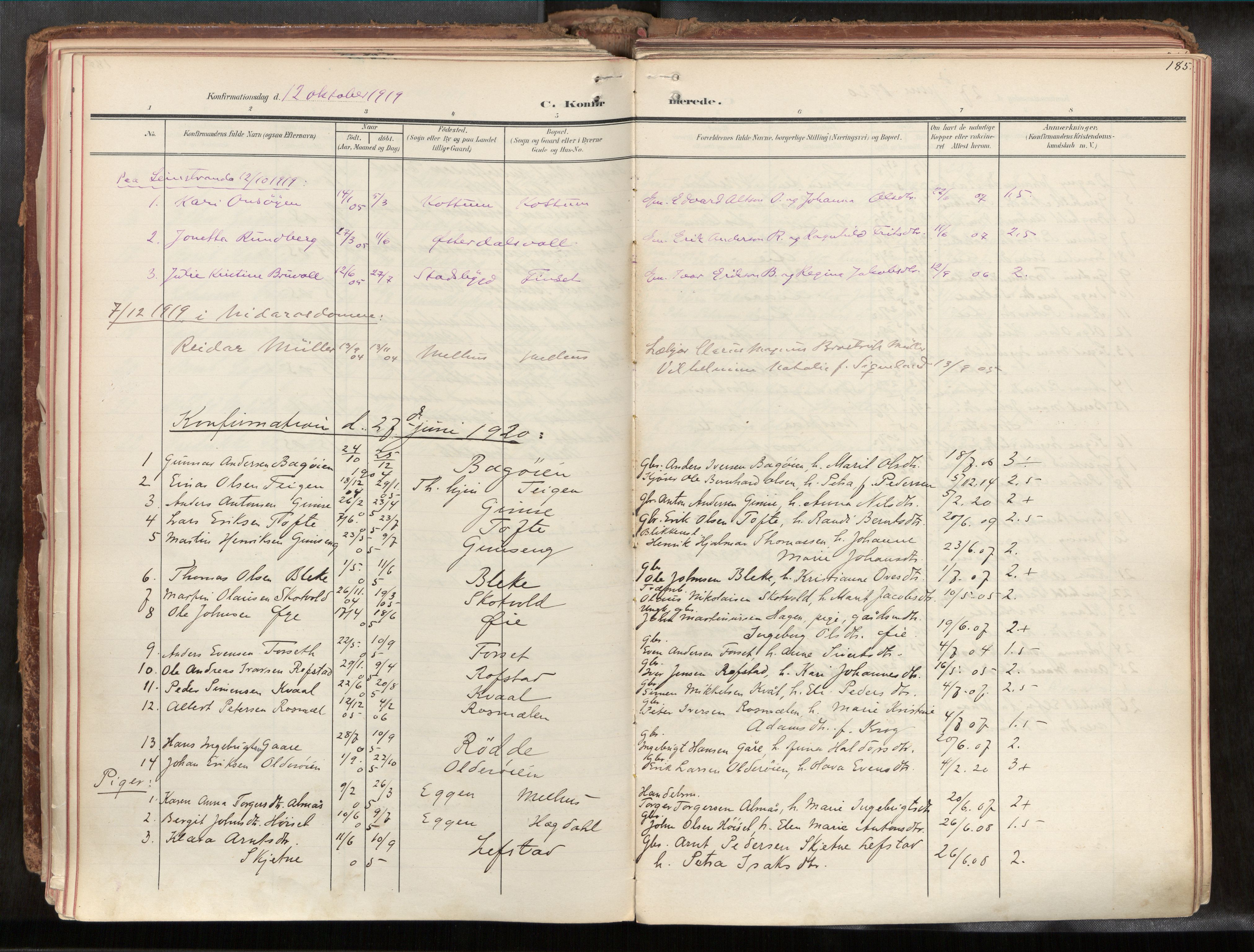 Ministerialprotokoller, klokkerbøker og fødselsregistre - Sør-Trøndelag, AV/SAT-A-1456/691/L1085b: Parish register (official) no. 691A18, 1908-1930, p. 185