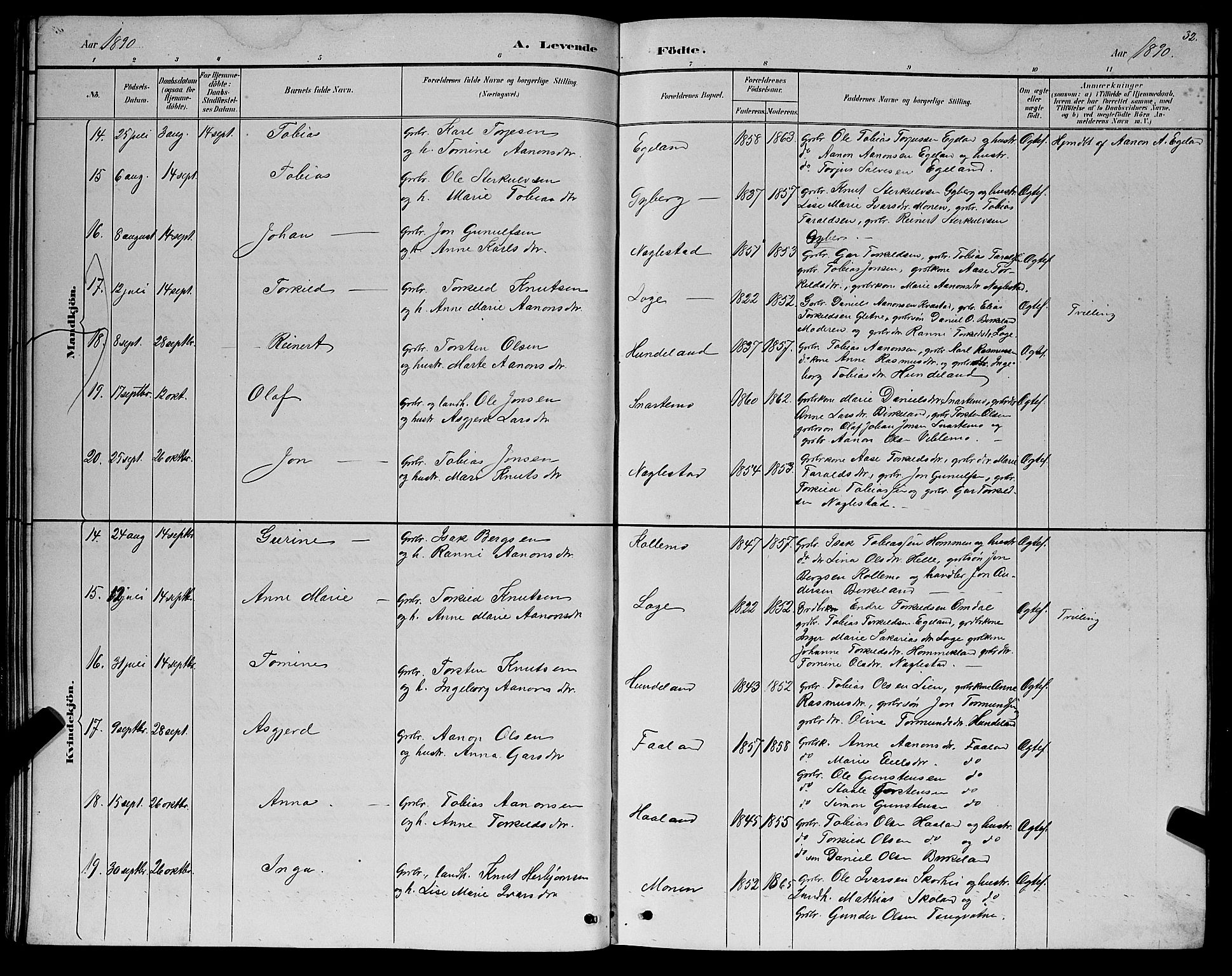 Hægebostad sokneprestkontor, AV/SAK-1111-0024/F/Fb/Fba/L0003: Parish register (copy) no. B 3, 1883-1896, p. 32