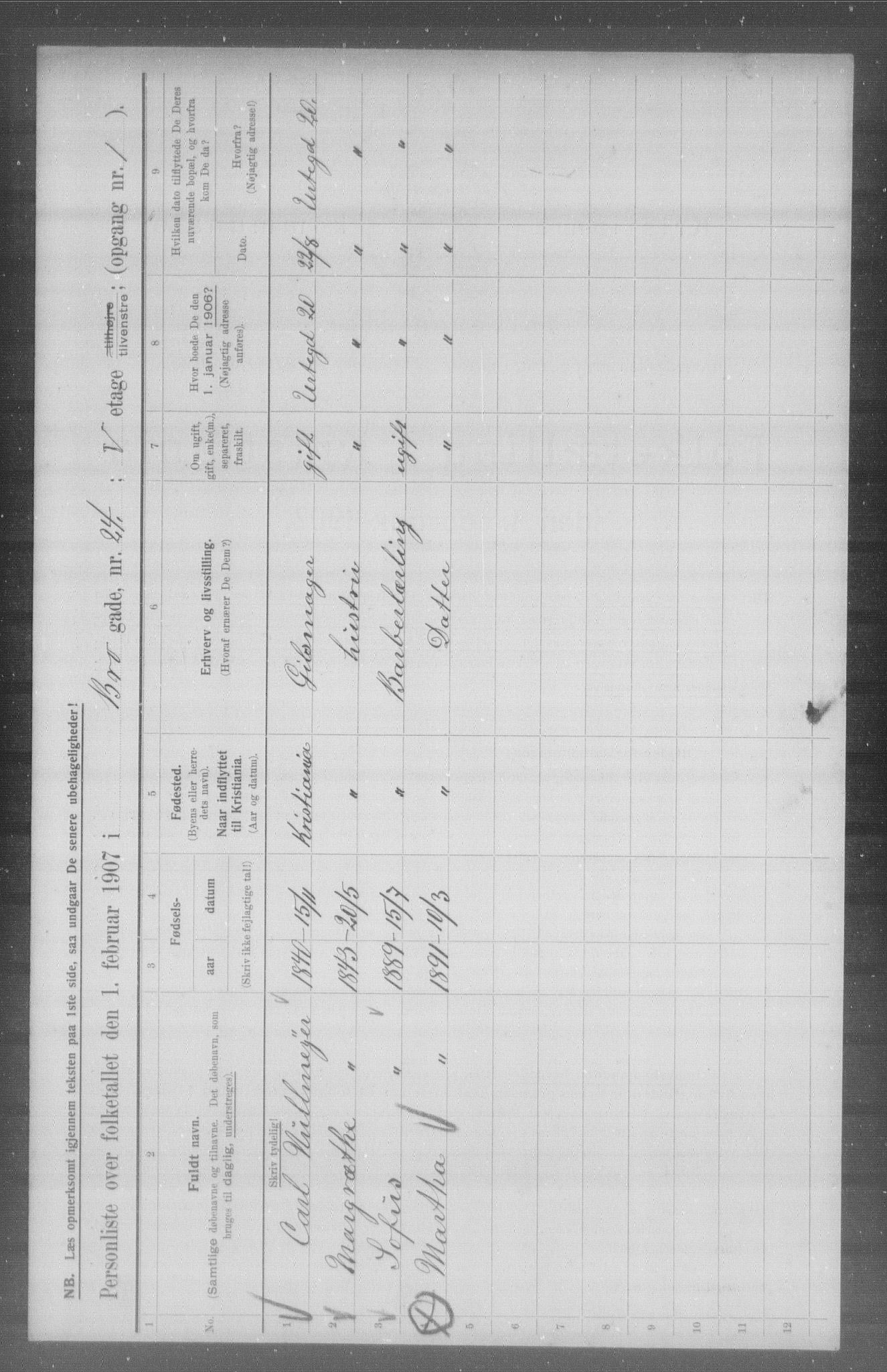 OBA, Municipal Census 1907 for Kristiania, 1907, p. 5160