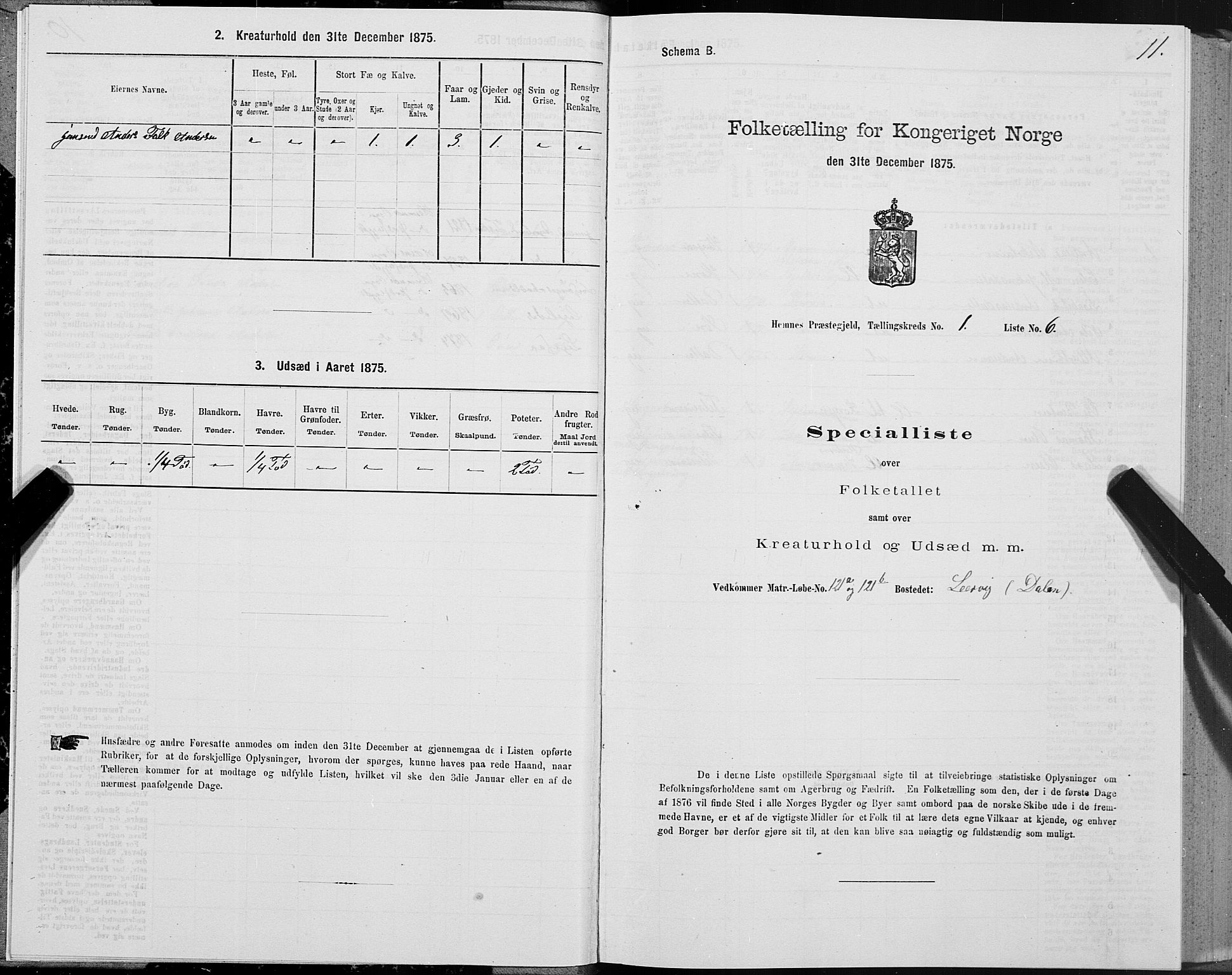 SAT, 1875 census for 1832P Hemnes, 1875, p. 1011