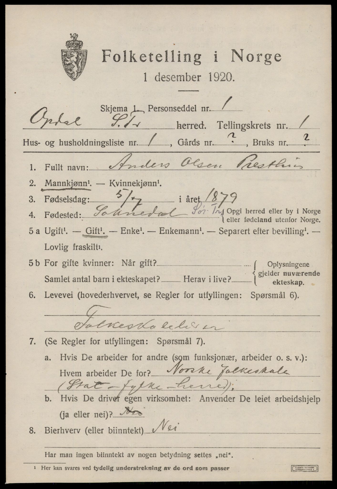 SAT, 1920 census for Oppdal, 1920, p. 1571