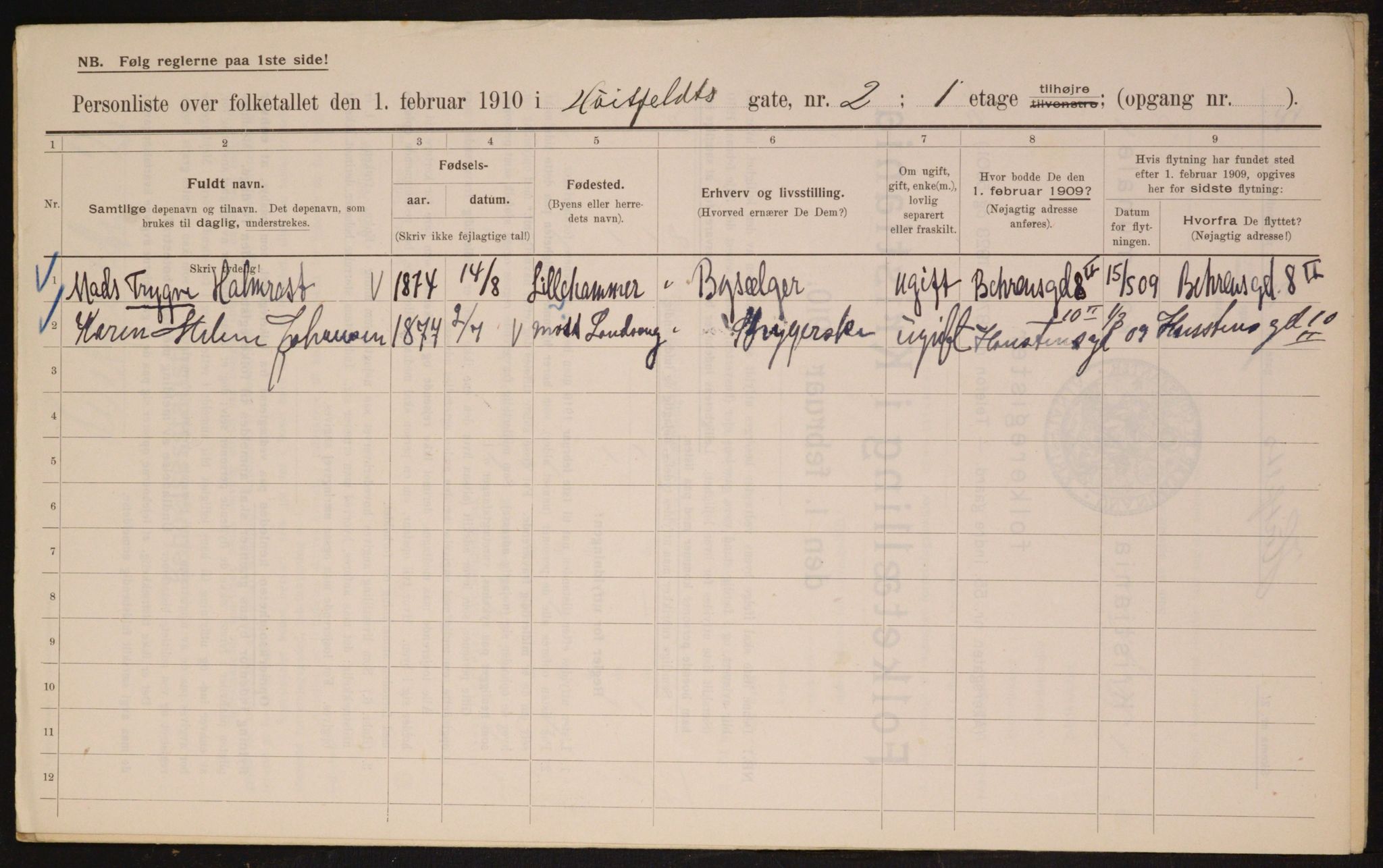 OBA, Municipal Census 1910 for Kristiania, 1910, p. 40746