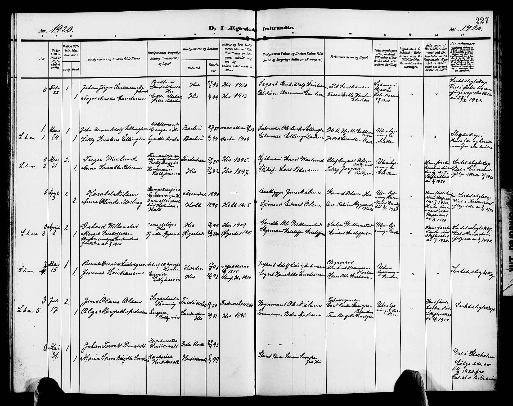 Hisøy sokneprestkontor, AV/SAK-1111-0020/F/Fb/L0004: Parish register (copy) no. B 4, 1905-1923, p. 227