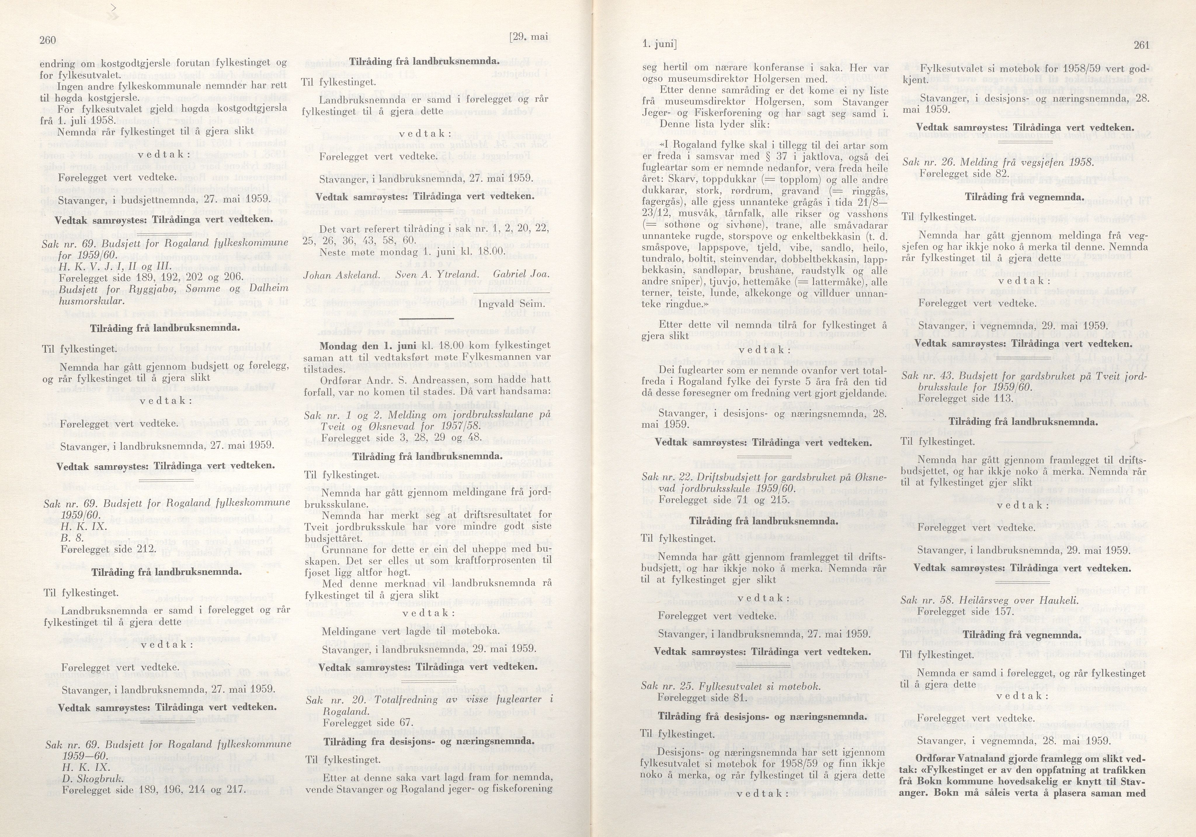 Rogaland fylkeskommune - Fylkesrådmannen , IKAR/A-900/A/Aa/Aaa/L0078: Møtebok , 1959, p. 260-261