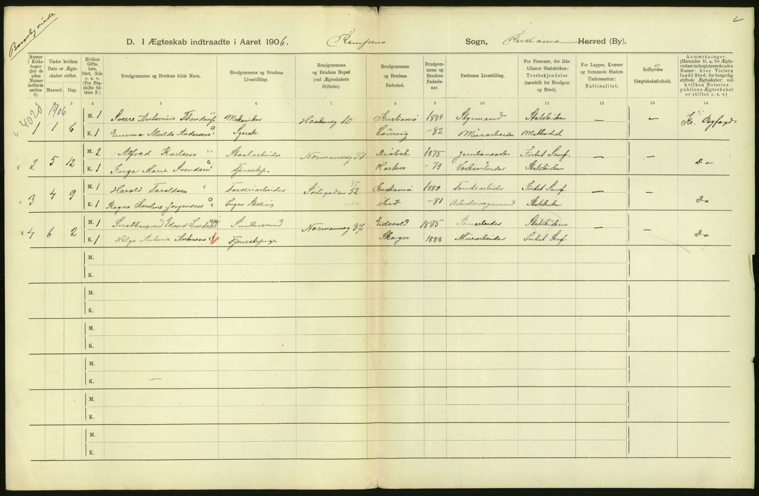 Statistisk sentralbyrå, Sosiodemografiske emner, Befolkning, AV/RA-S-2228/D/Df/Dfa/Dfad/L0008: Kristiania: Gifte, 1906, p. 348