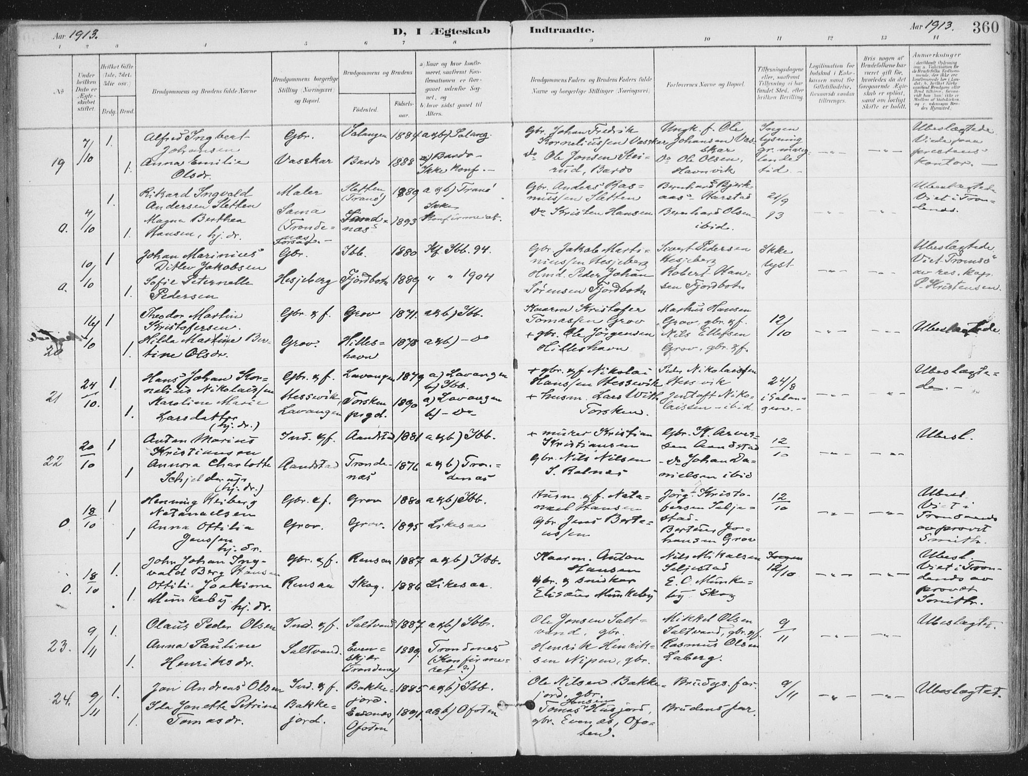 Ibestad sokneprestembete, SATØ/S-0077/H/Ha/Haa/L0017kirke: Parish register (official) no. 17, 1901-1914, p. 360