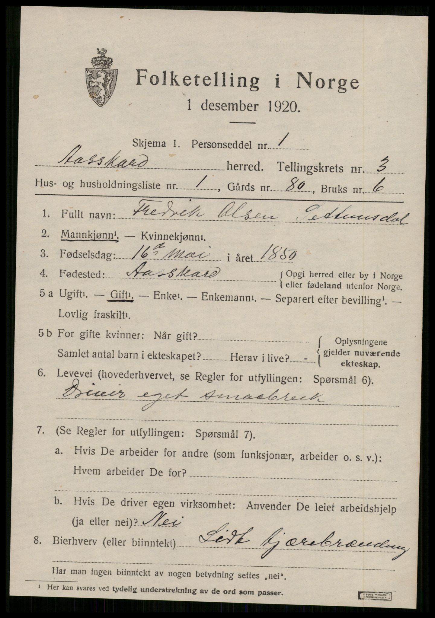 SAT, 1920 census for Åsskard, 1920, p. 1567