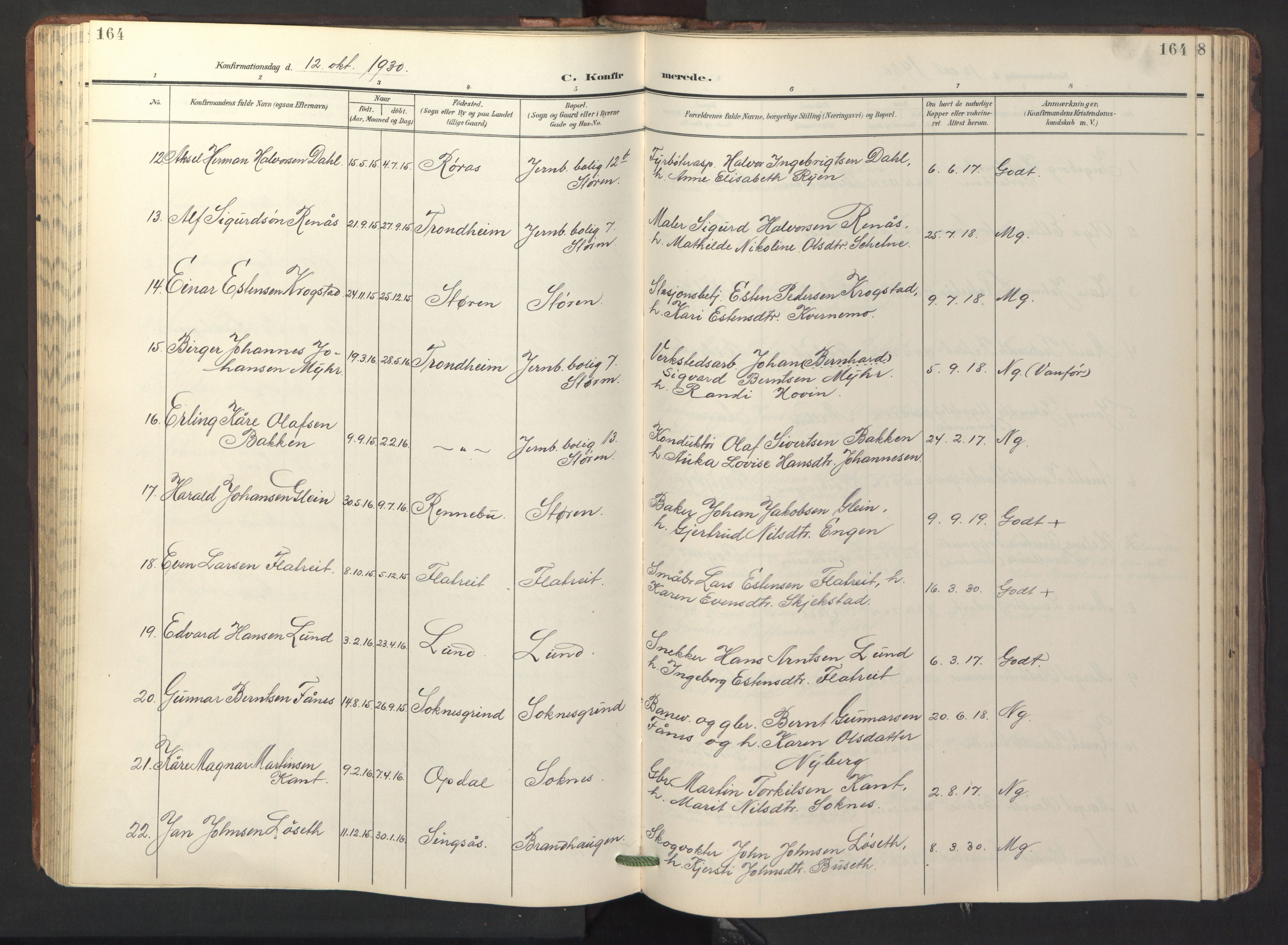 Ministerialprotokoller, klokkerbøker og fødselsregistre - Sør-Trøndelag, AV/SAT-A-1456/687/L1019: Parish register (copy) no. 687C03, 1904-1931, p. 164