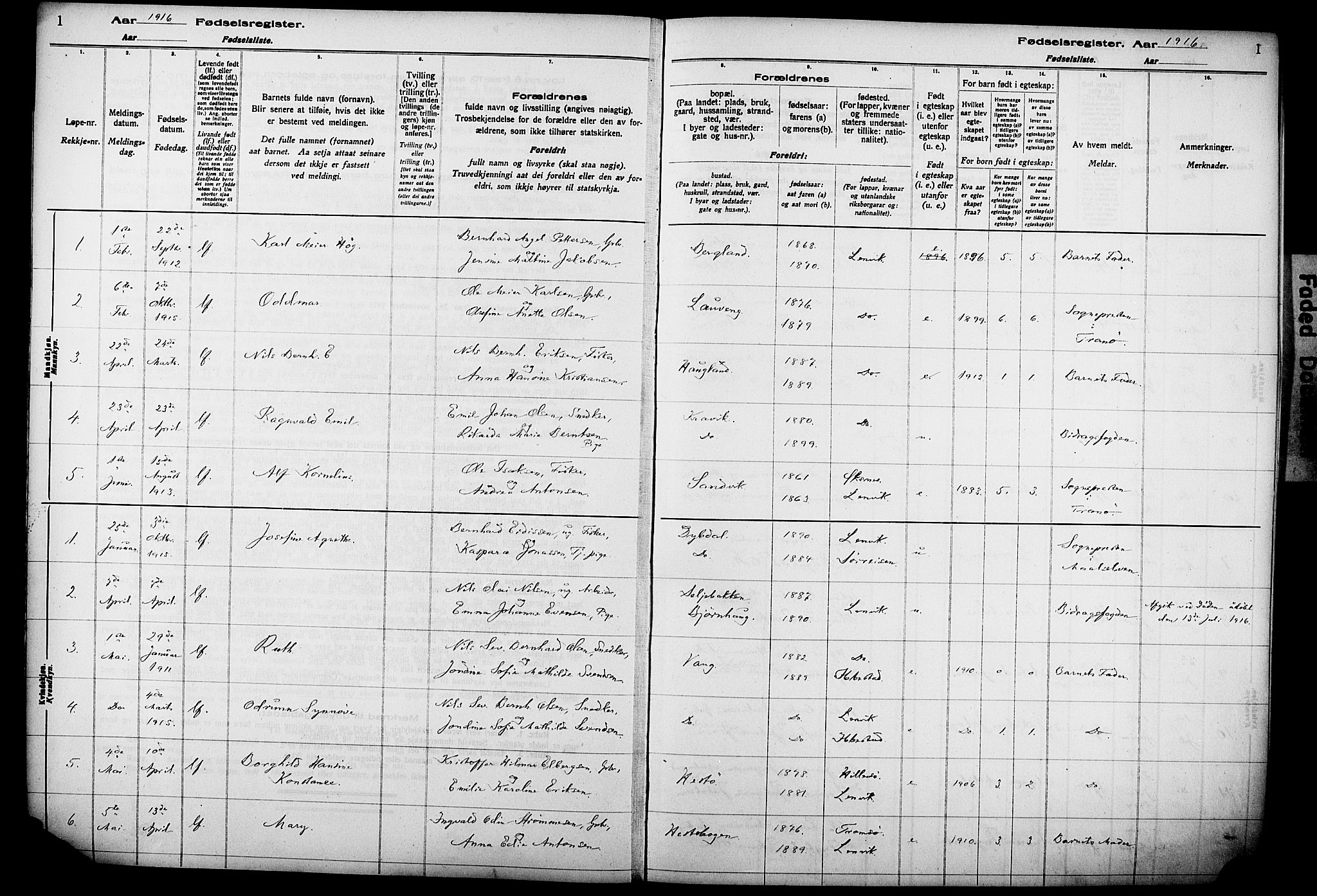 Lenvik sokneprestembete, SATØ/S-1310/I/Ic/L0089: Birth register no. 89, 1916-1926, p. 1