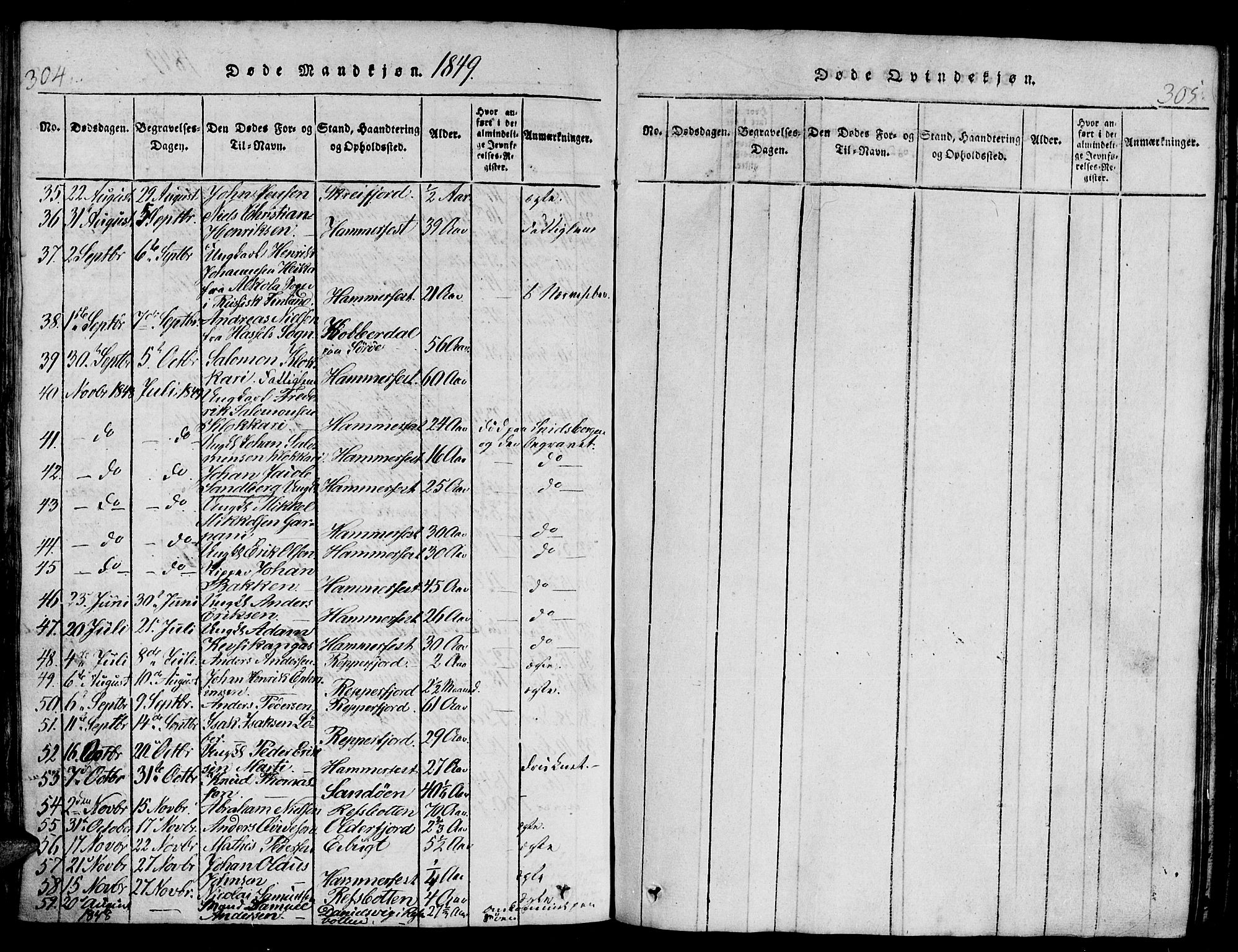 Hammerfest sokneprestkontor, AV/SATØ-S-1347/H/Hb/L0001.klokk: Parish register (copy) no. 1, 1822-1850, p. 304-305