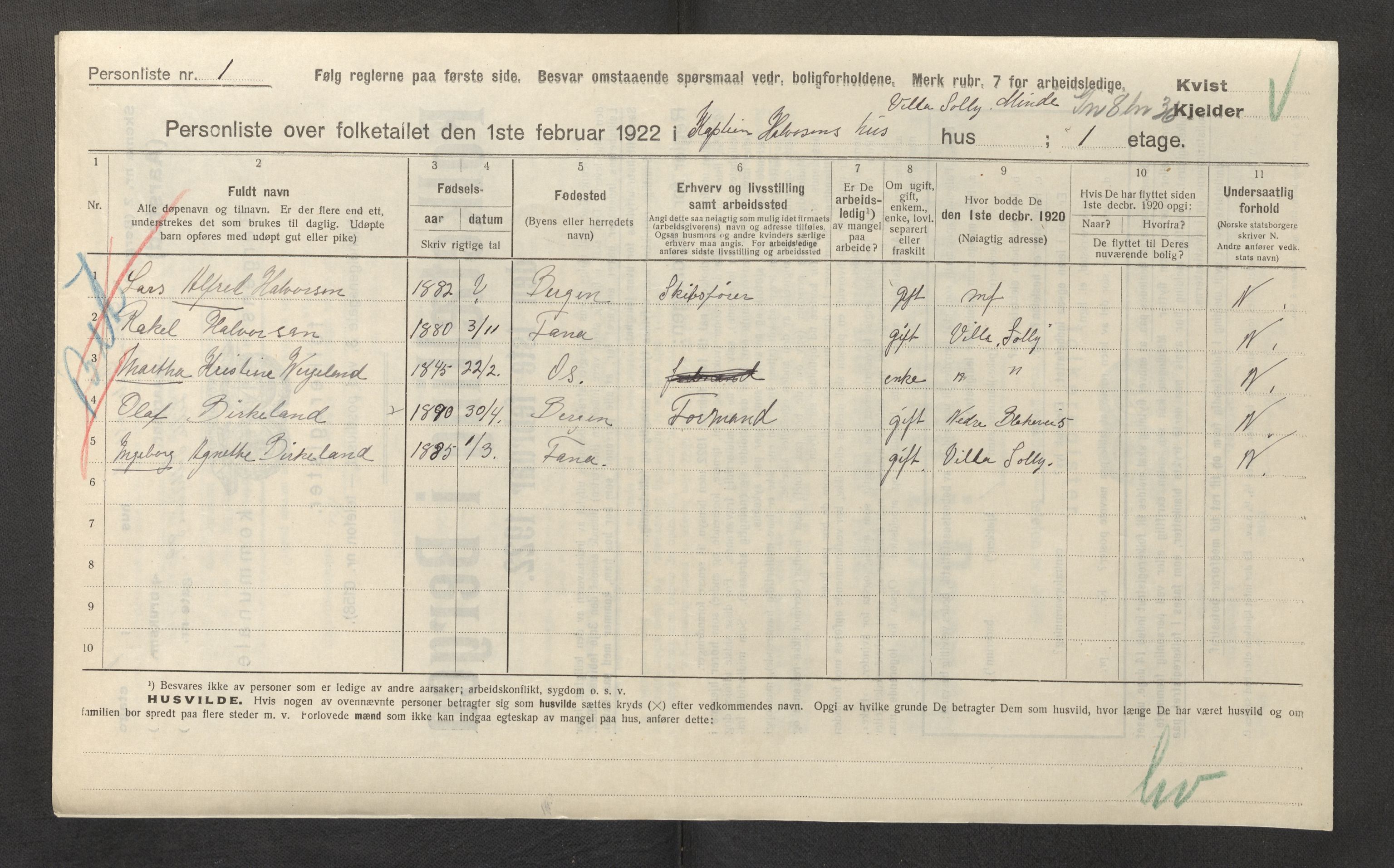 SAB, Municipal Census 1922 for Bergen, 1922, p. 59498