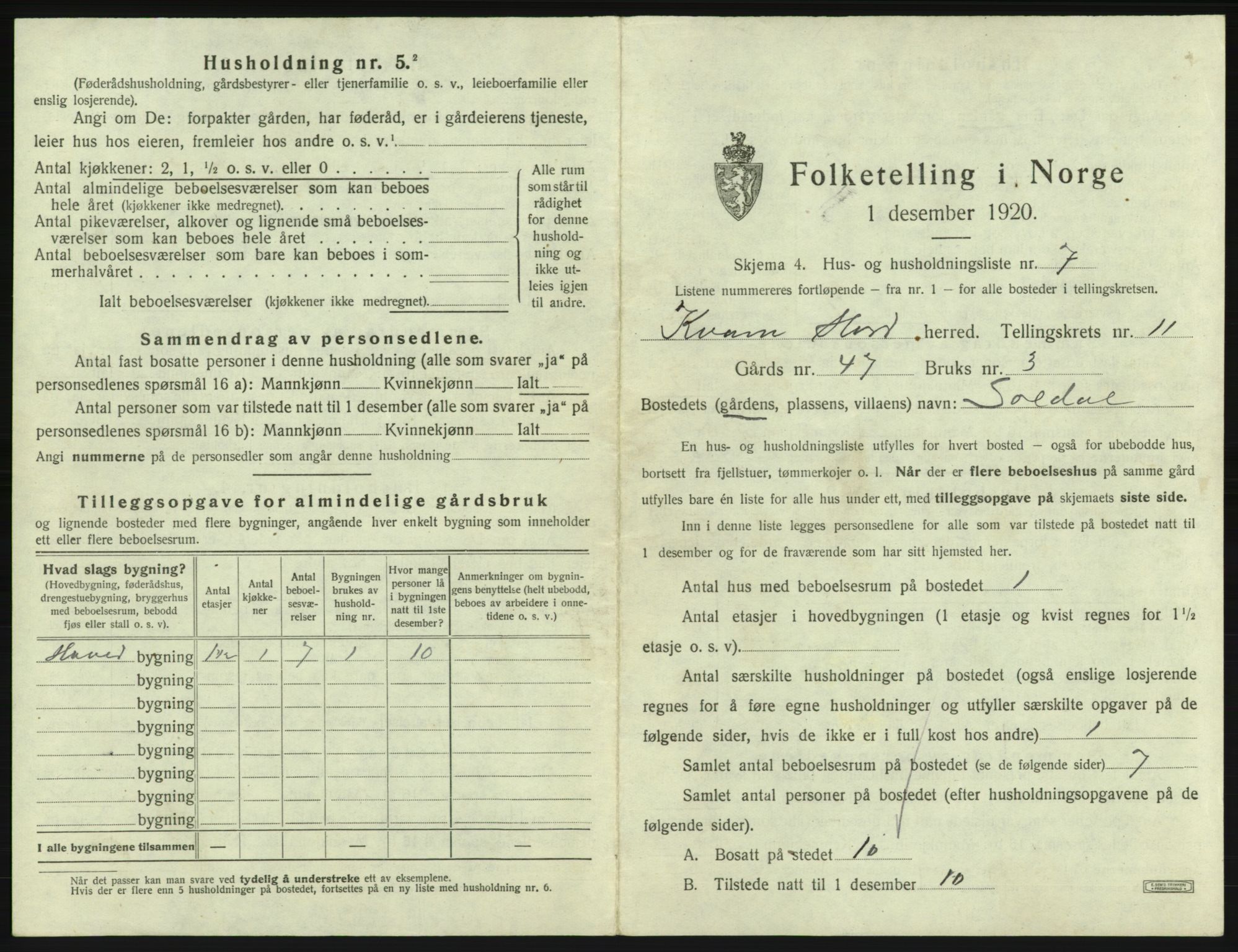 SAB, 1920 census for Kvam, 1920, p. 972