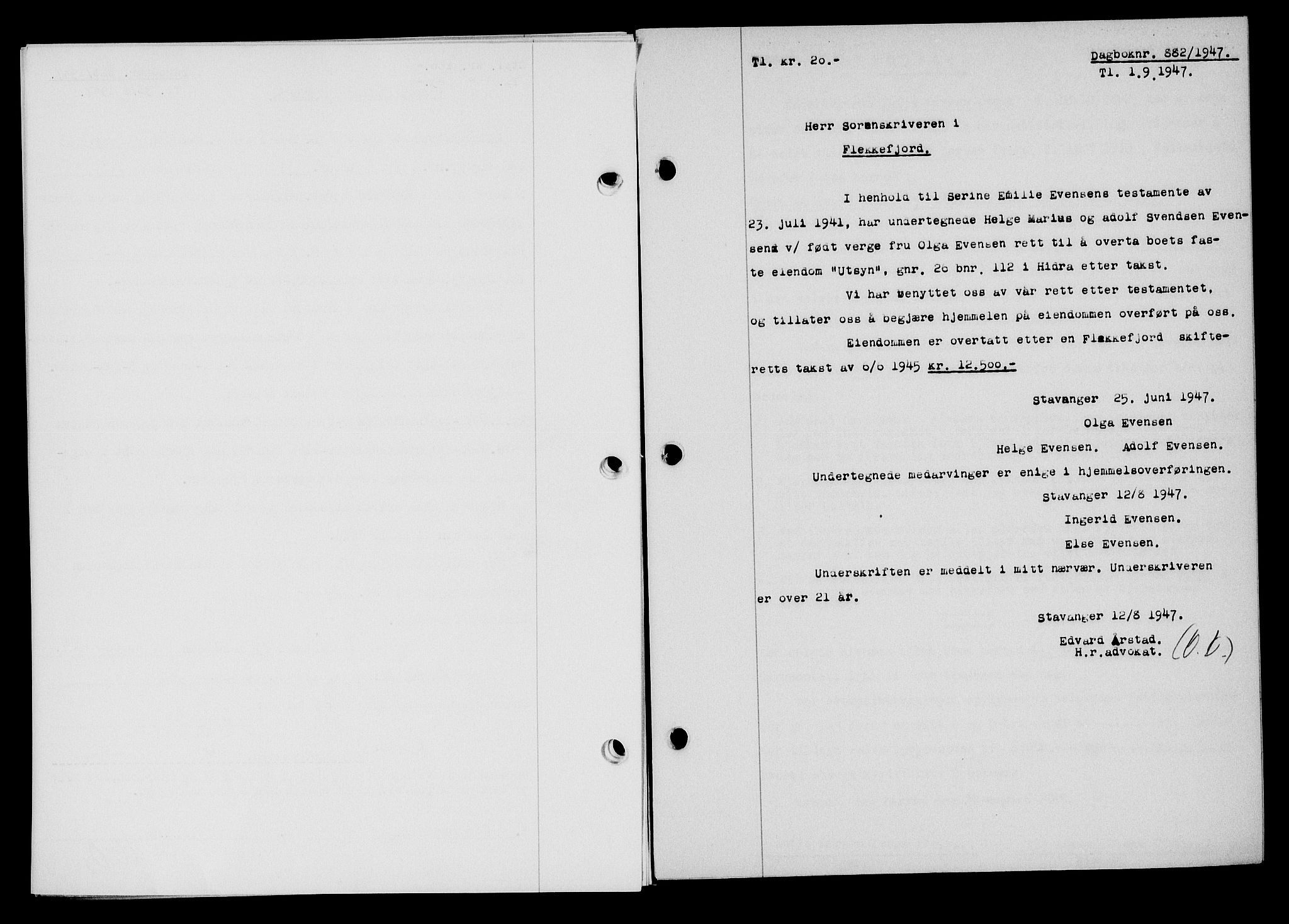 Flekkefjord sorenskriveri, SAK/1221-0001/G/Gb/Gba/L0062: Mortgage book no. A-10, 1947-1947, Diary no: : 882/1947