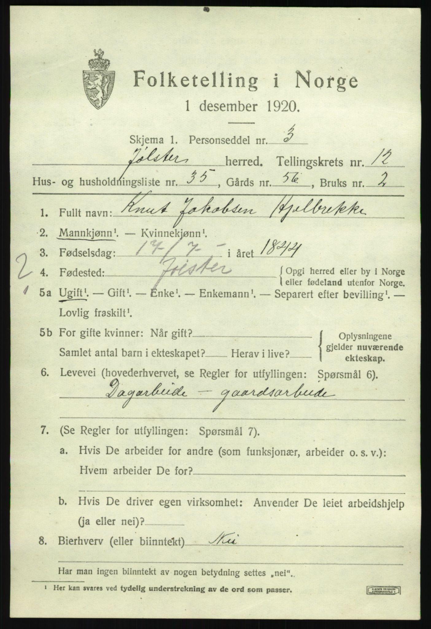 SAB, 1920 census for Jølster, 1920, p. 5944