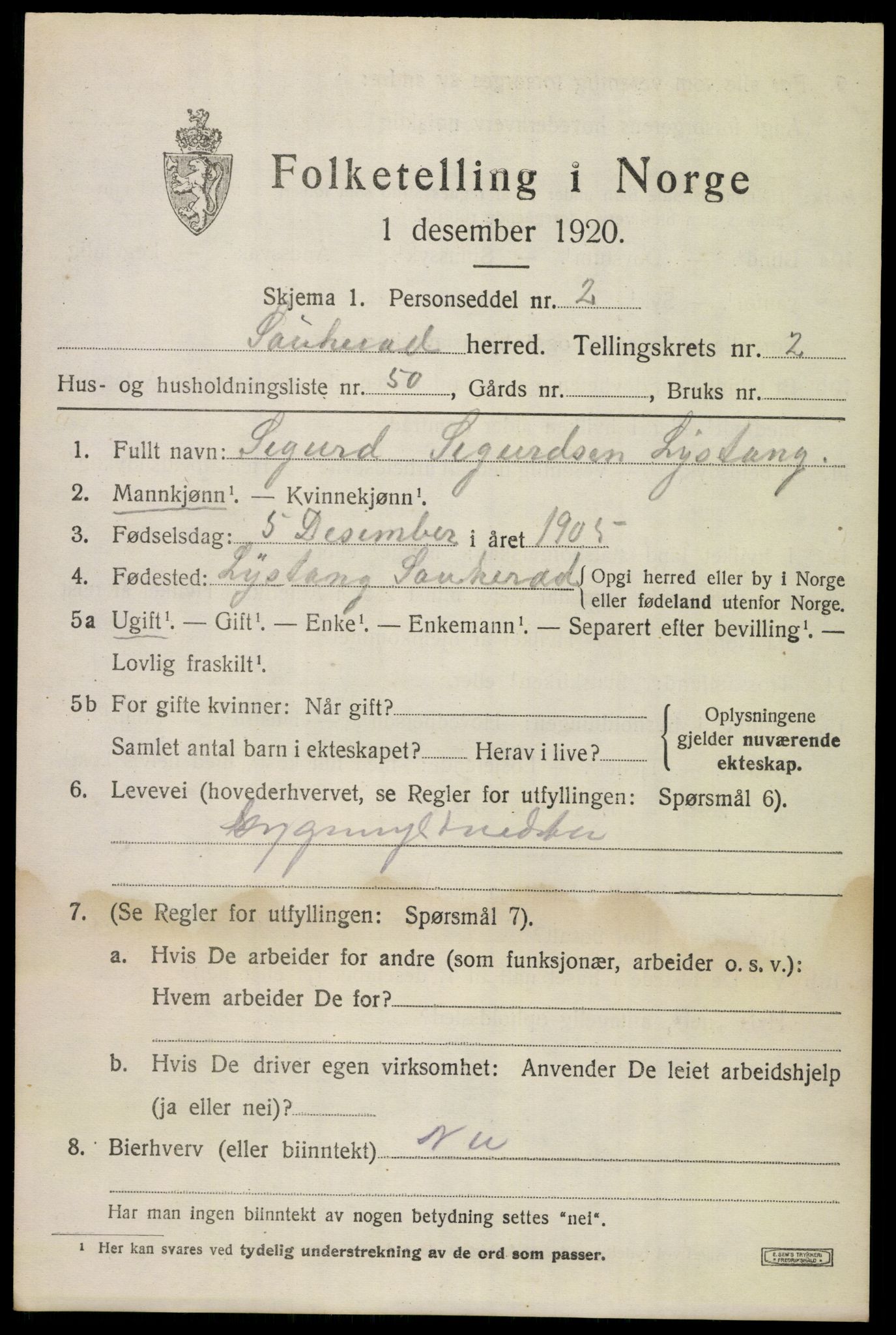 SAKO, 1920 census for Sauherad, 1920, p. 2863