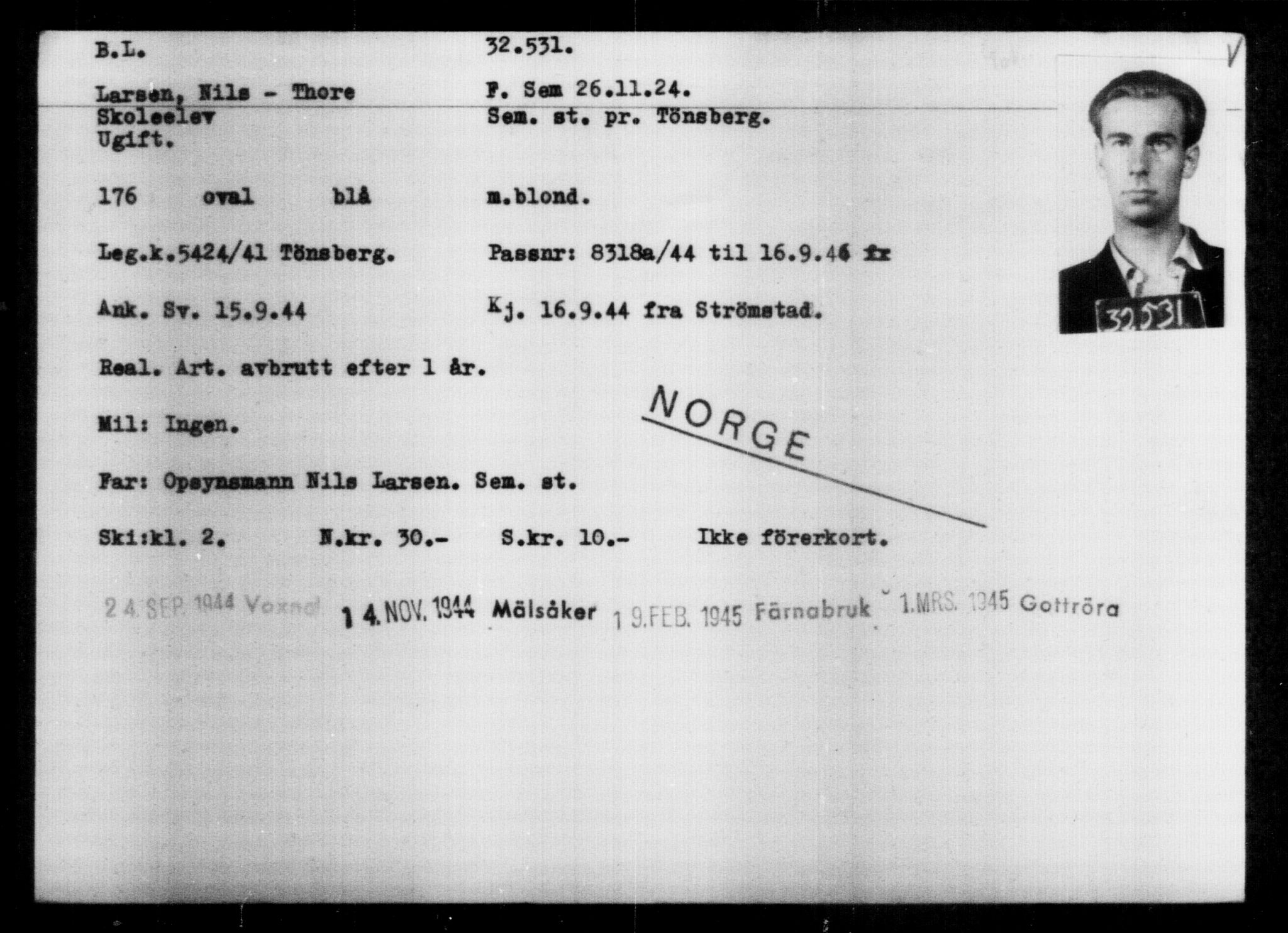 Utenriksstasjonene, Legasjonen i Stockholm, Flyktningkontoret, AV/RA-S-6753/V/Va/L0013: Kjesäterkartoteket, flyktninger med registreringsnr. 31500-34731, 1940-1945, p. 1087
