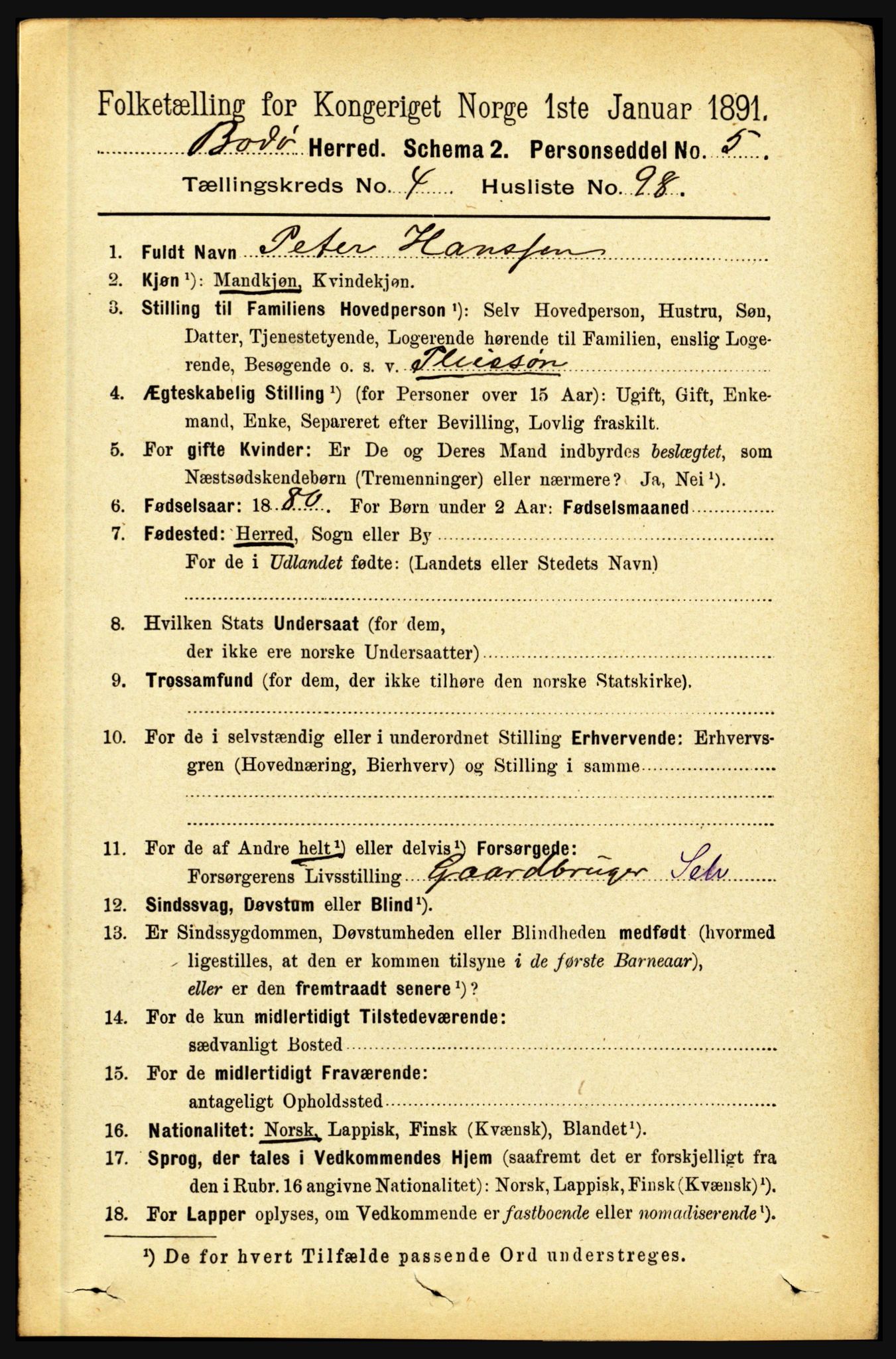 RA, 1891 census for 1843 Bodø, 1891, p. 2839