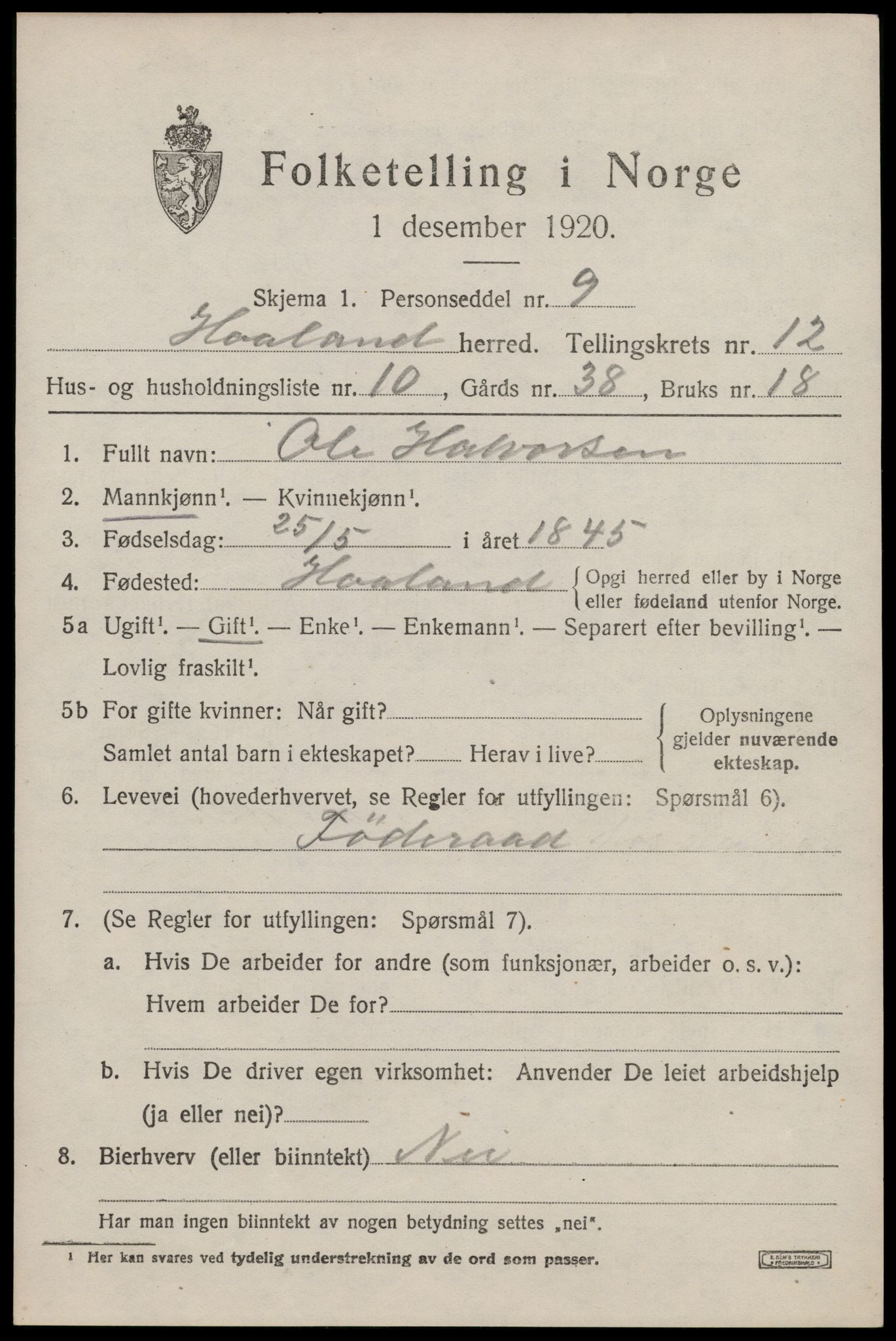 SAST, 1920 census for Håland, 1920, p. 8899