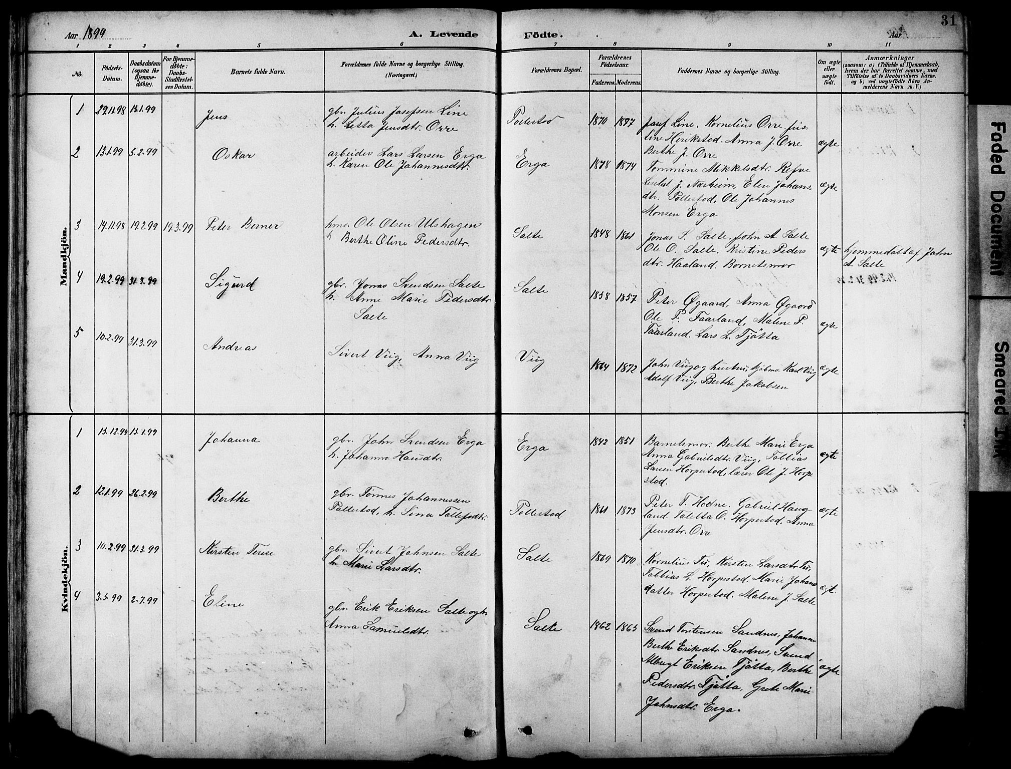 Klepp sokneprestkontor, SAST/A-101803/001/3/30BB/L0005: Parish register (copy) no. B 5, 1889-1918, p. 31
