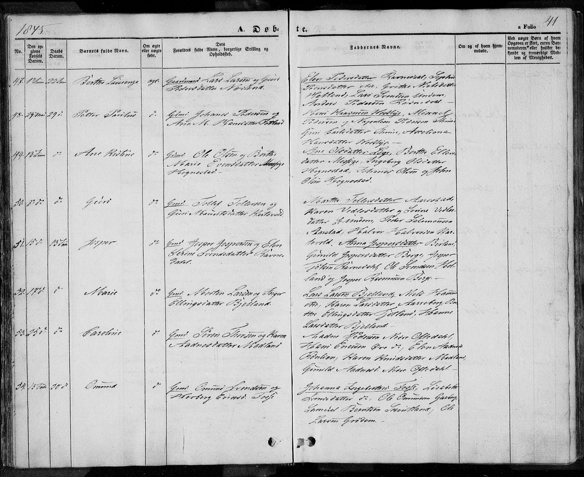 Lye sokneprestkontor, AV/SAST-A-101794/001/30BA/L0005: Parish register (official) no. A 5.1, 1842-1855, p. 41