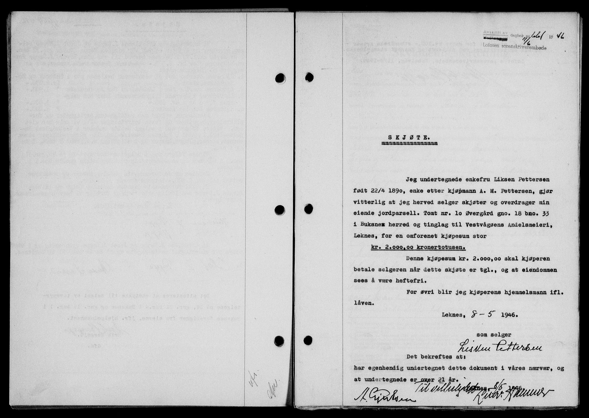 Lofoten sorenskriveri, SAT/A-0017/1/2/2C/L0014a: Mortgage book no. 14a, 1946-1946, Diary no: : 661/1946