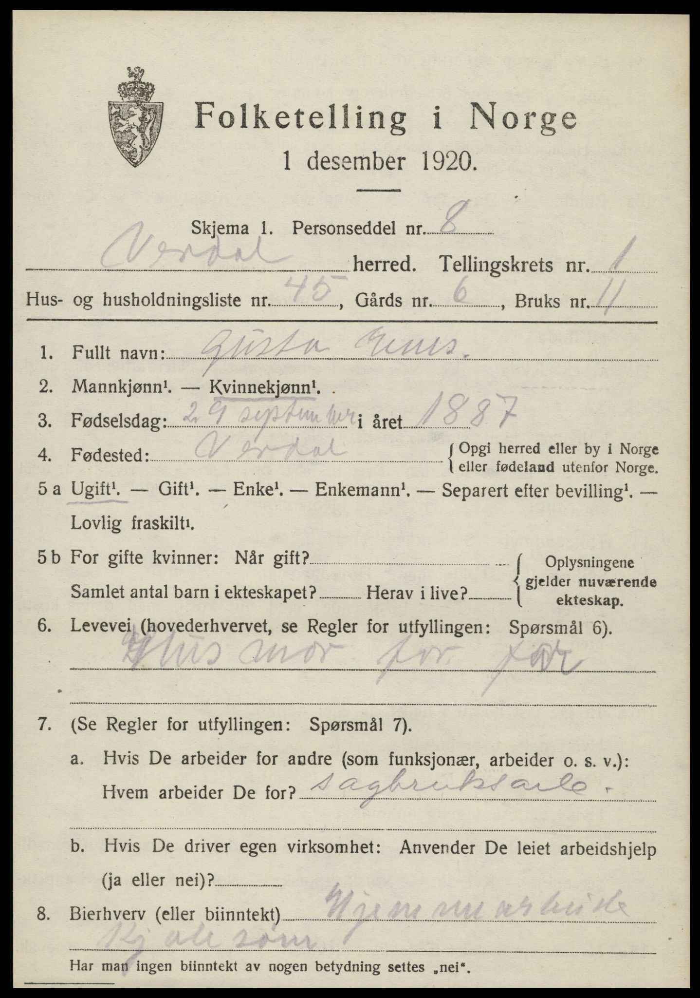 SAT, 1920 census for Verdal, 1920, p. 2889