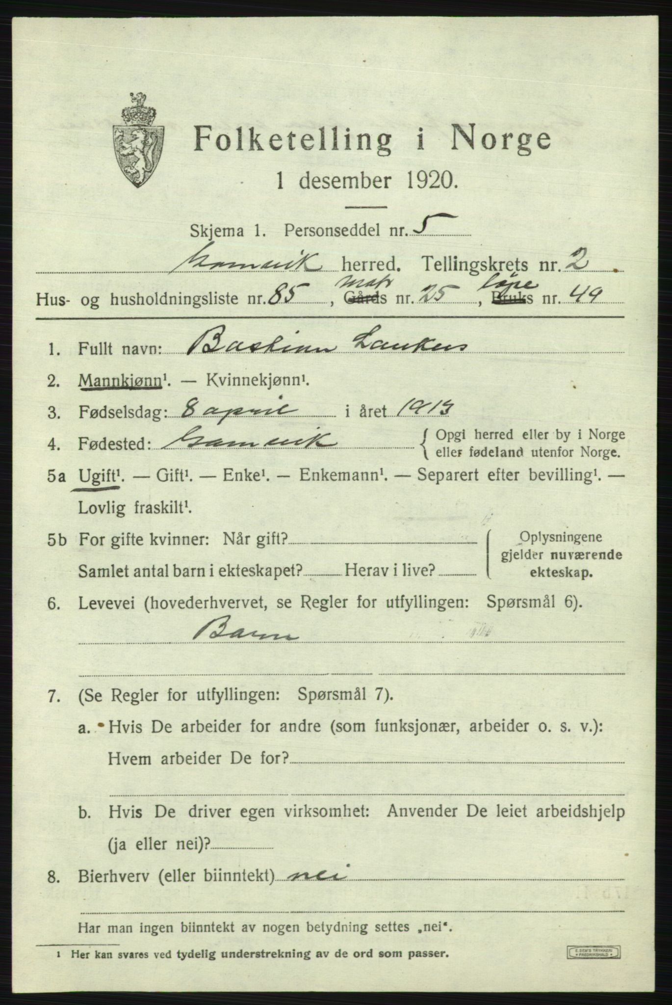 SATØ, 1920 census for Gamvik, 1920, p. 2388