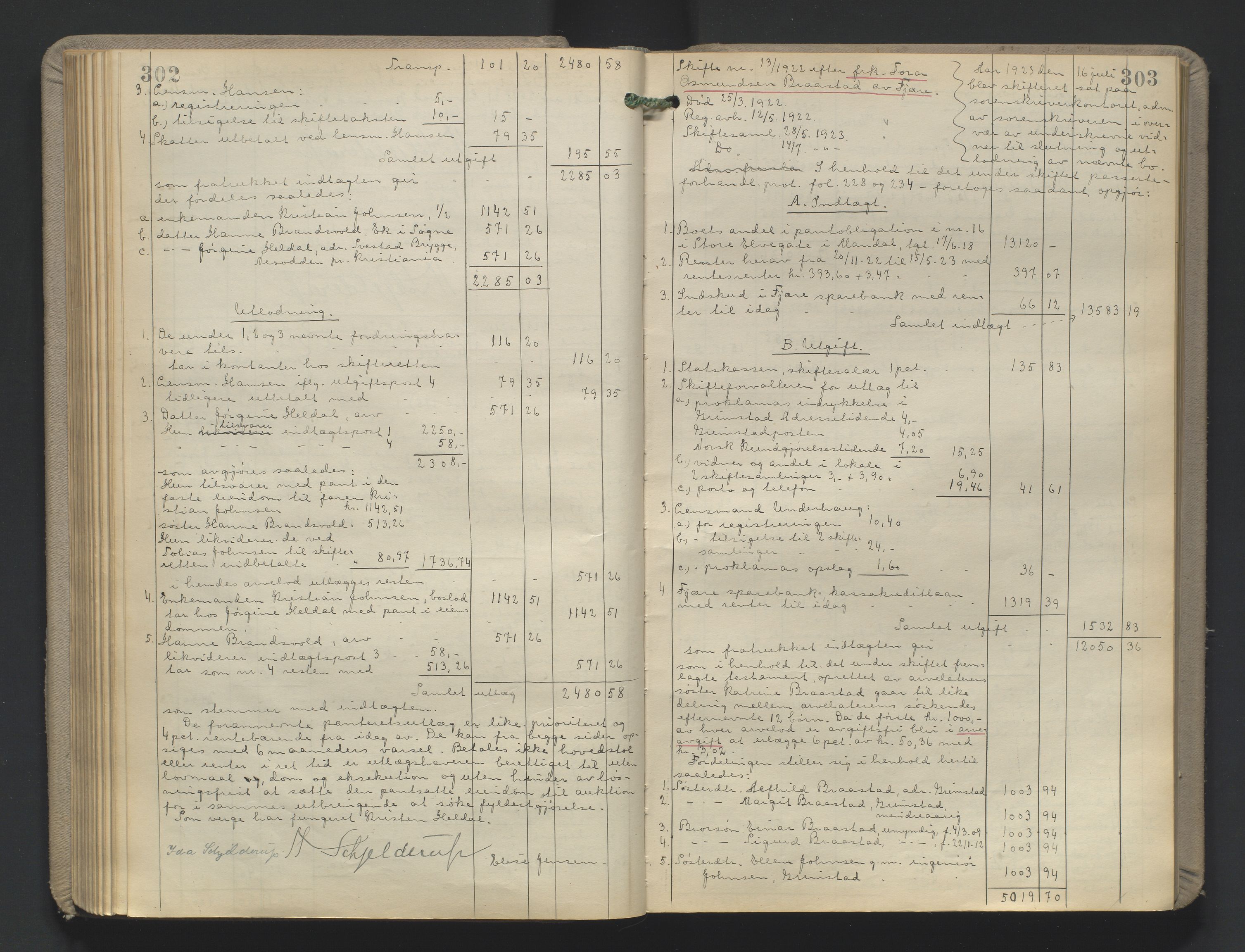 Vestre Nedenes/Sand sorenskriveri, AV/SAK-1221-0010/H/Hc/L0022: Skifteutlodningsprotokoll nr. 9, 1919-1932, p. 302-303