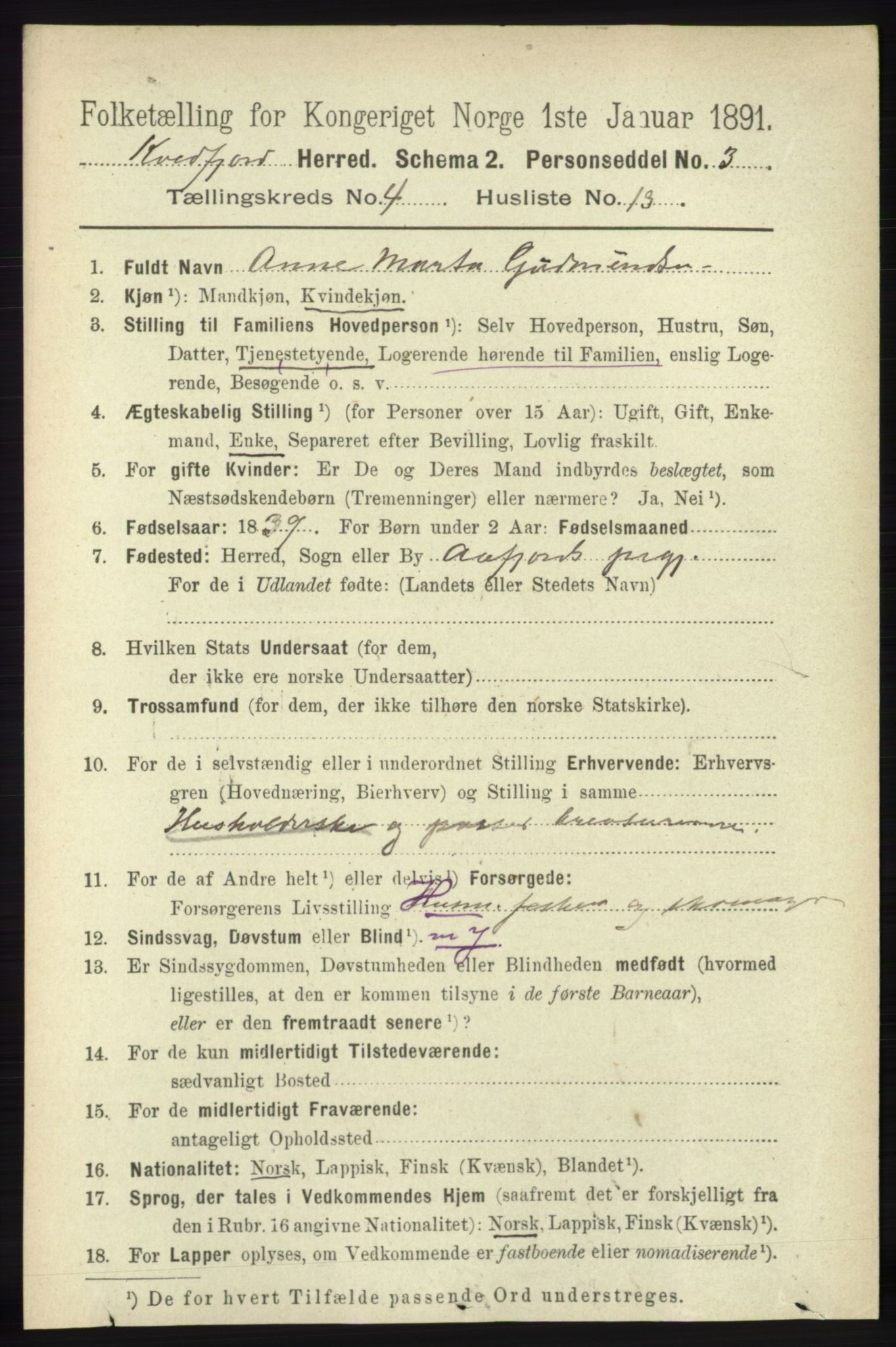 RA, 1891 census for 1911 Kvæfjord, 1891, p. 1975