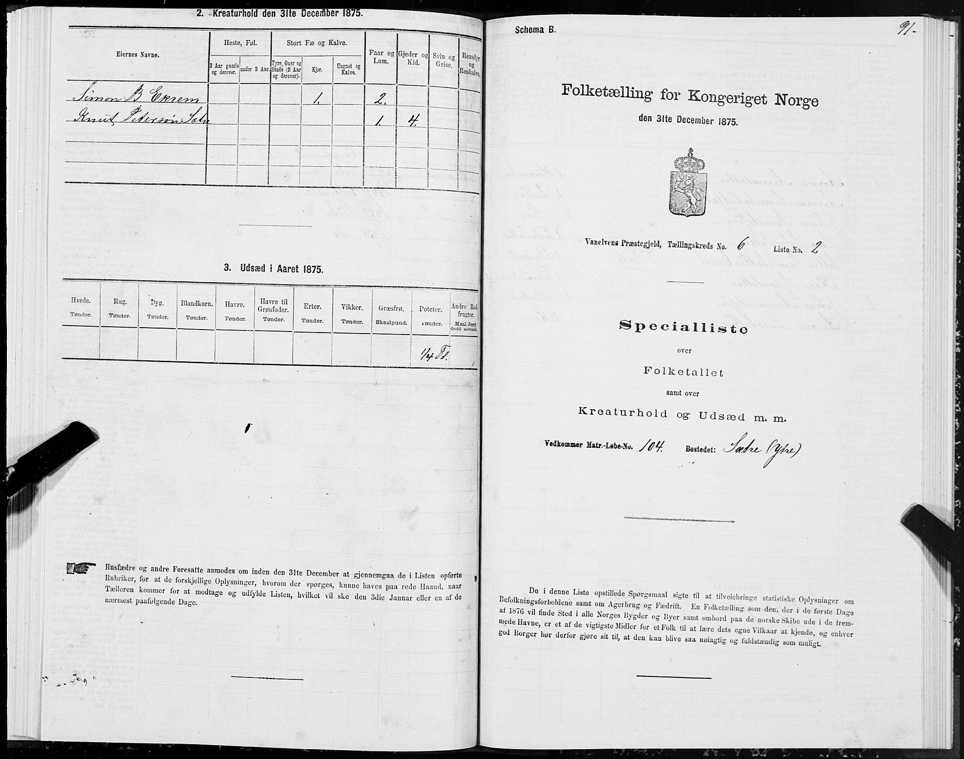 SAT, 1875 census for 1511P Vanylven, 1875, p. 3091