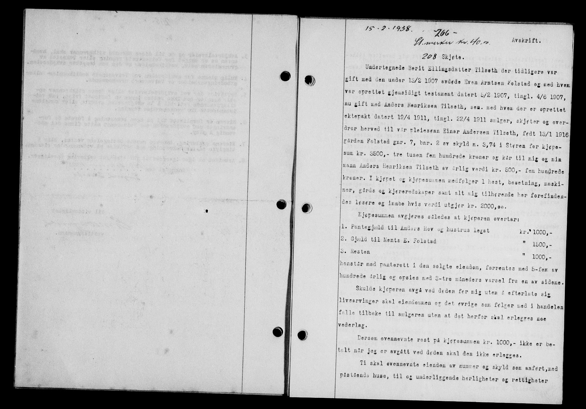 Gauldal sorenskriveri, SAT/A-0014/1/2/2C/L0048: Mortgage book no. 51-52, 1937-1938, p. 266, Diary no: : 208/1938