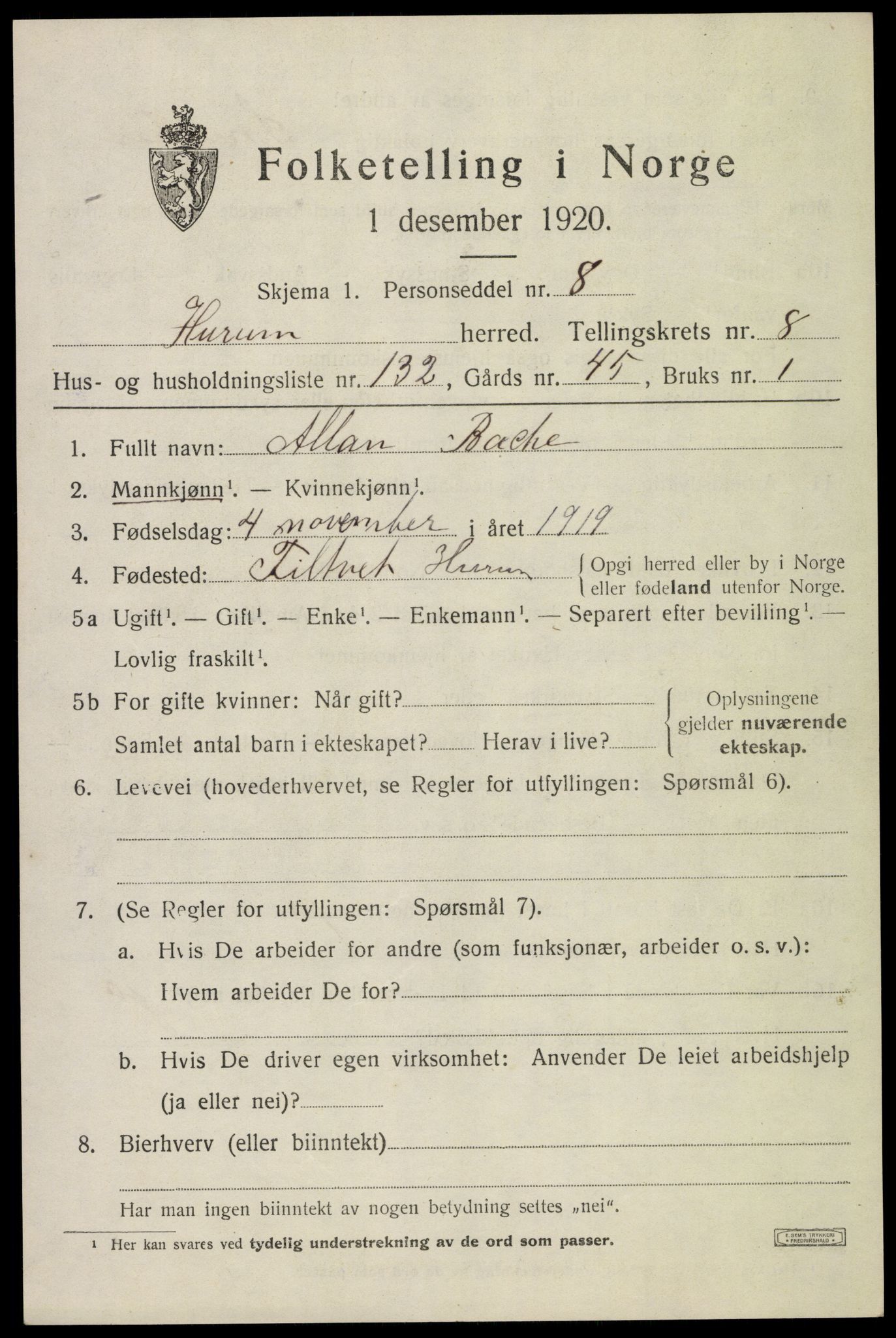 SAKO, 1920 census for Hurum, 1920, p. 11836
