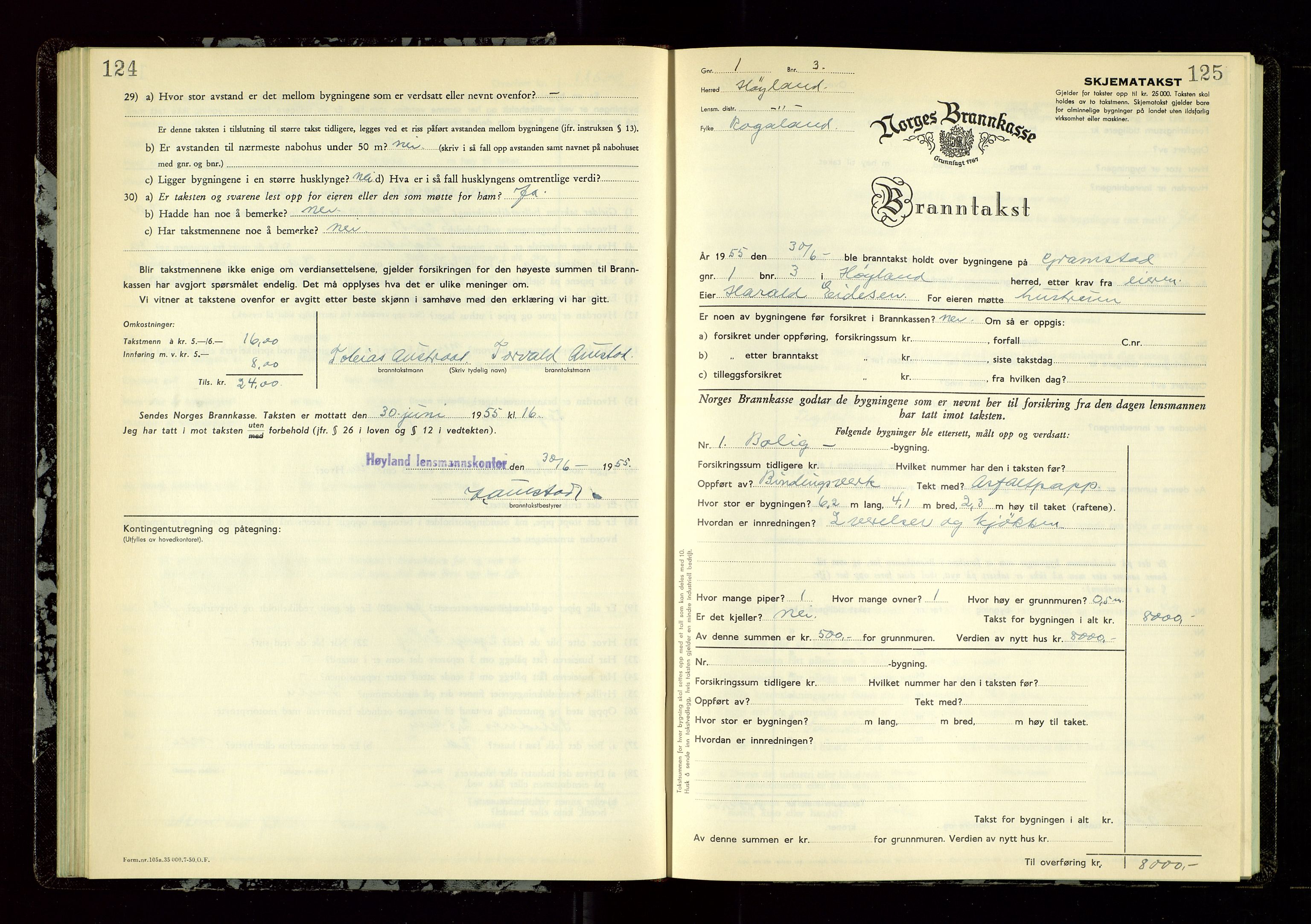 Høyland/Sandnes lensmannskontor, SAST/A-100166/Gob/L0009: "Branntakstprotokoll", 1952-1955, p. 124-125