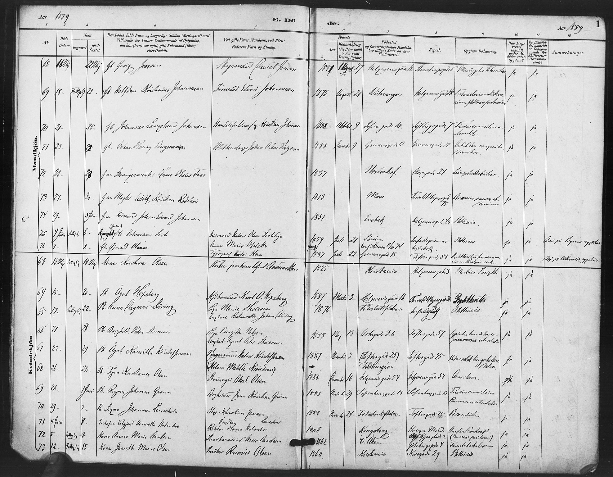 Paulus prestekontor Kirkebøker, SAO/A-10871/F/Fa/L0011: Parish register (official) no. 11, 1889-1897, p. 1