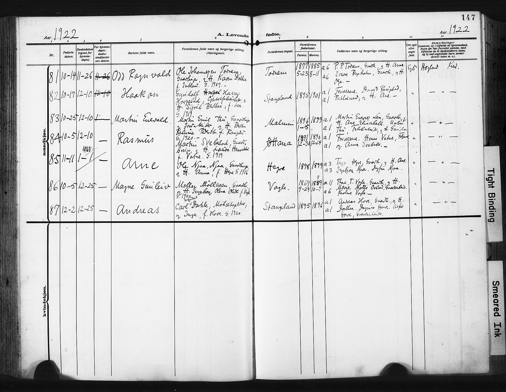 Høyland sokneprestkontor, SAST/A-101799/001/30BA/L0017: Parish register (official) no. A 15, 1912-1924, p. 147