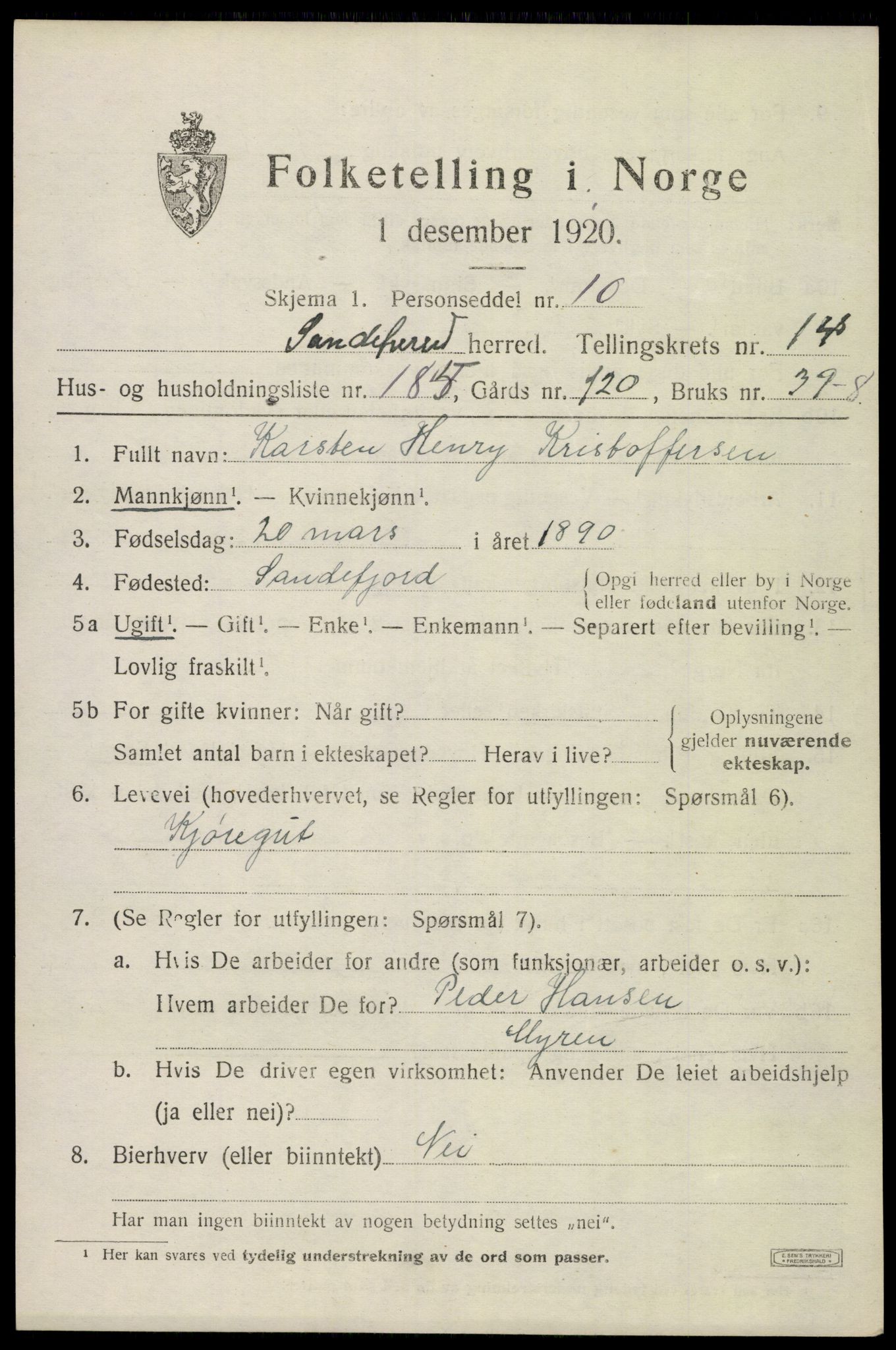 SAKO, 1920 census for Sandeherred, 1920, p. 22948