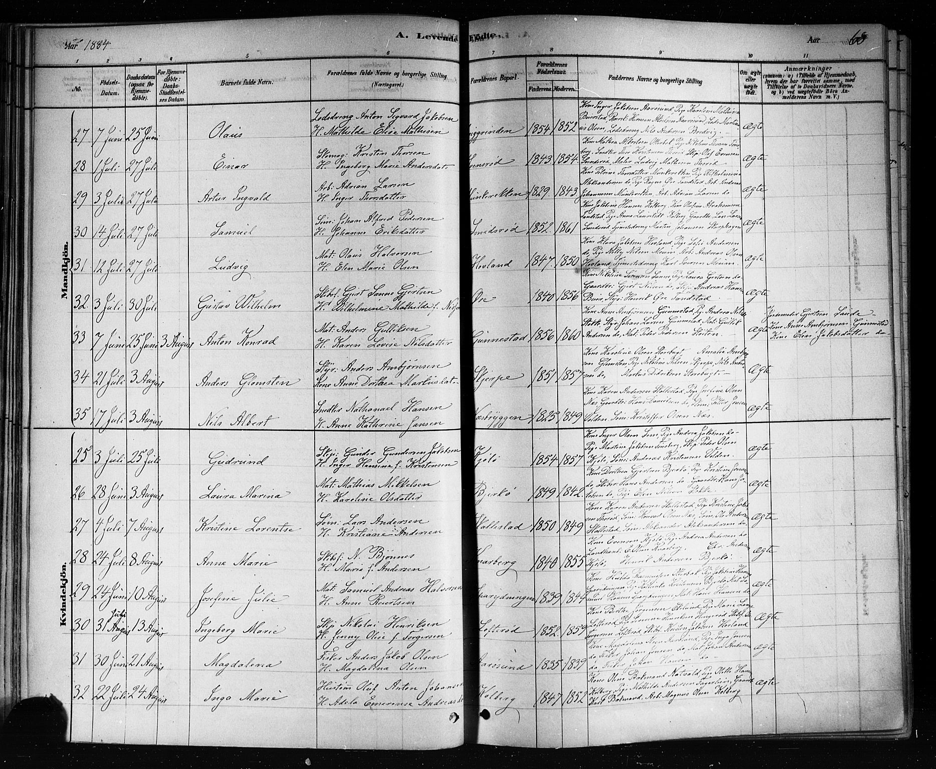 Nøtterøy kirkebøker, AV/SAKO-A-354/F/Fa/L0008: Parish register (official) no. I 8, 1878-1893, p. 68