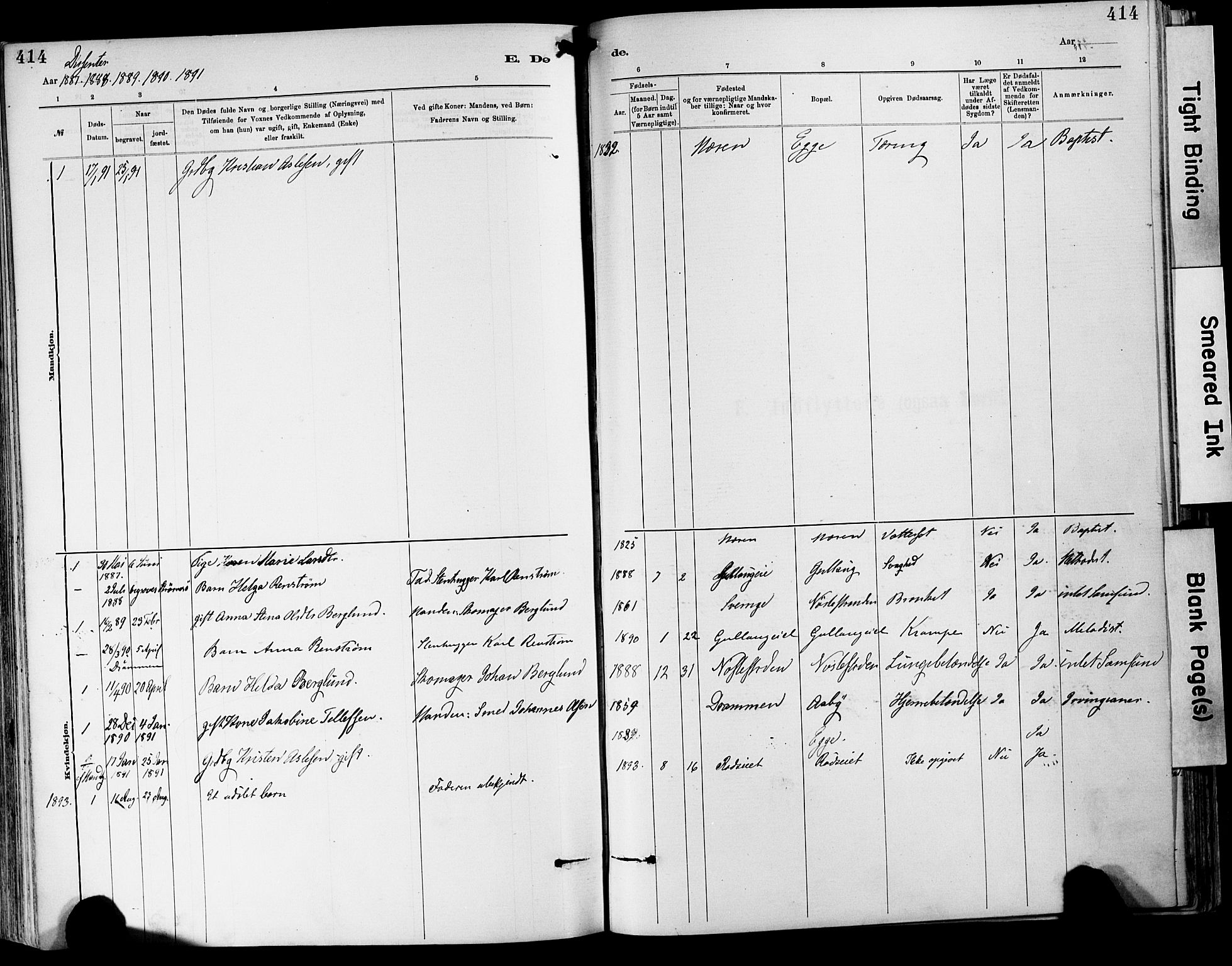 Lier kirkebøker, SAKO/A-230/F/Fa/L0015: Parish register (official) no. I 15, 1883-1894, p. 414