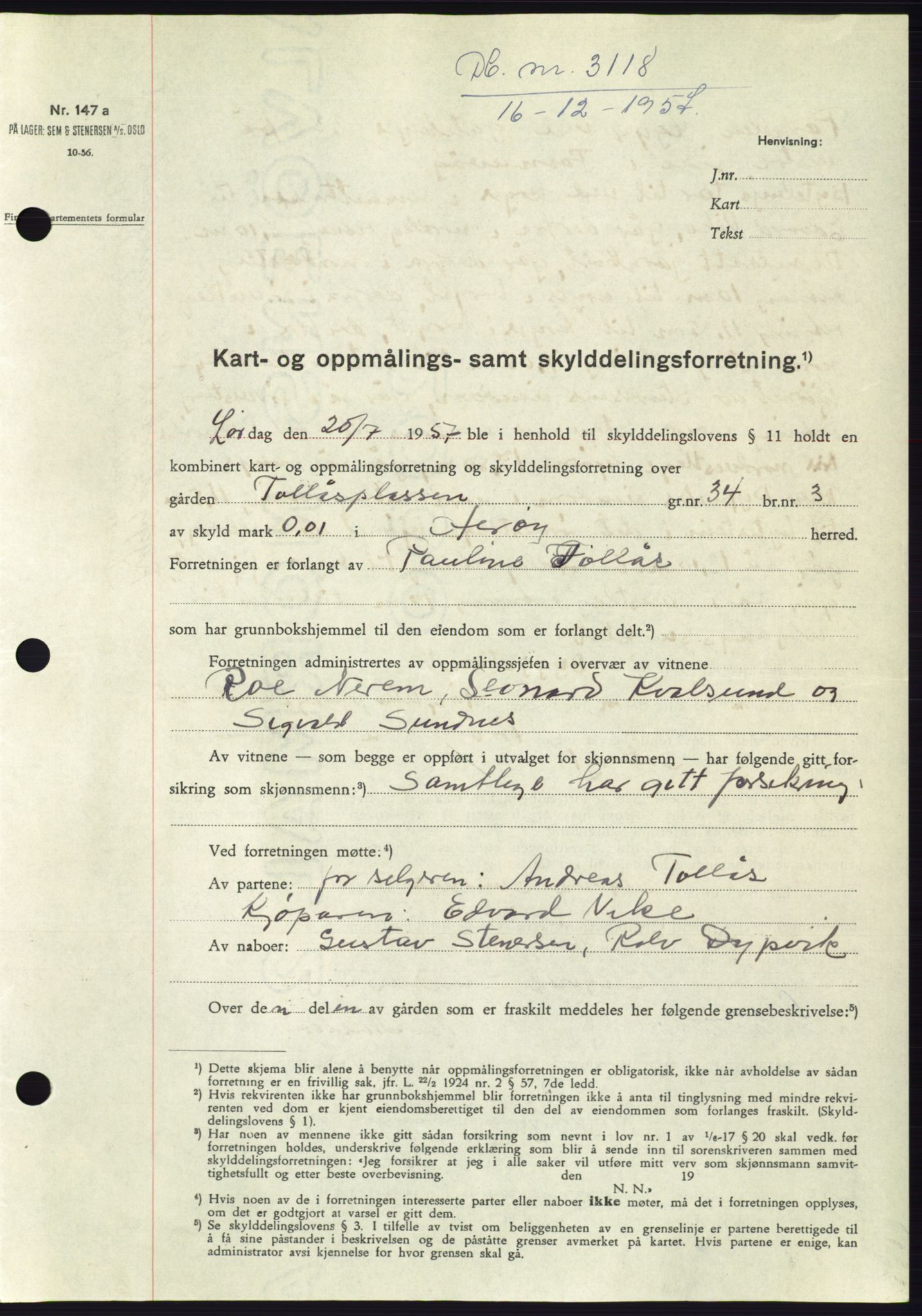 Søre Sunnmøre sorenskriveri, AV/SAT-A-4122/1/2/2C/L0108: Mortgage book no. 34A, 1957-1958, Diary no: : 3118/1957