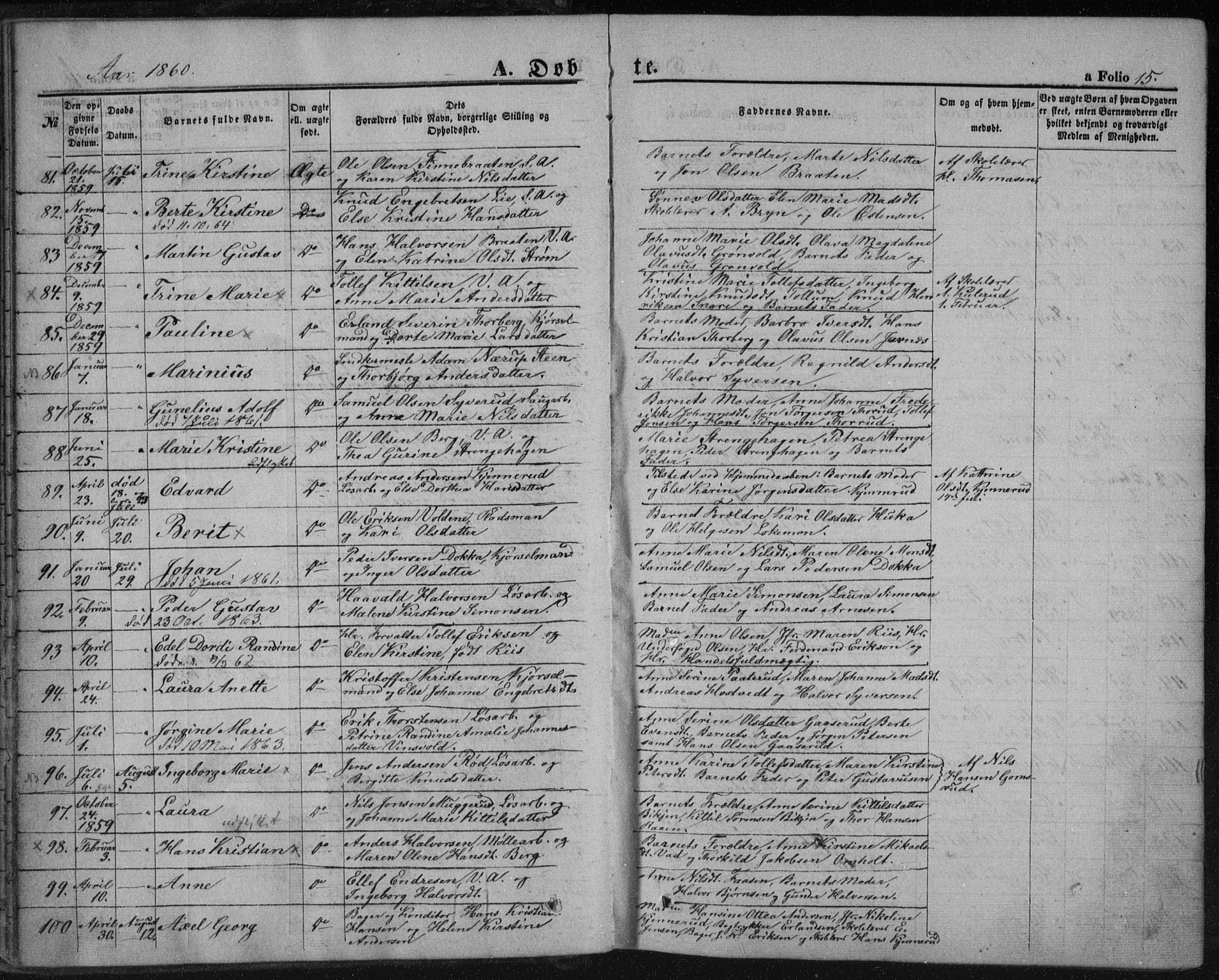 Kongsberg kirkebøker, AV/SAKO-A-22/F/Fa/L0010: Parish register (official) no. I 10, 1859-1875, p. 15