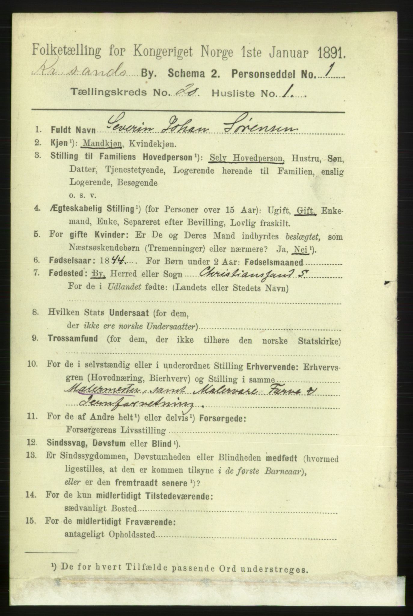 RA, 1891 census for 1001 Kristiansand, 1891, p. 7421