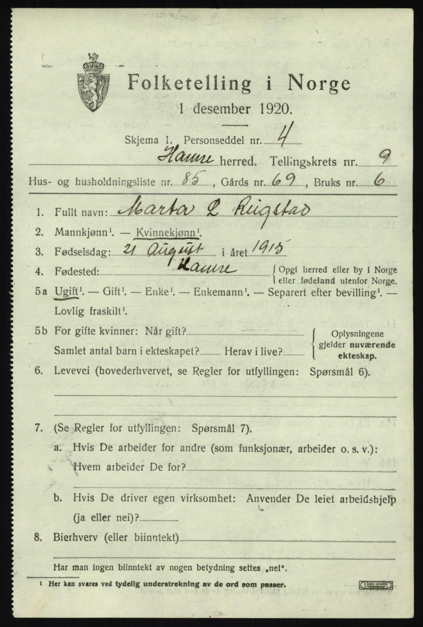 SAB, 1920 census for Hamre, 1920, p. 5957