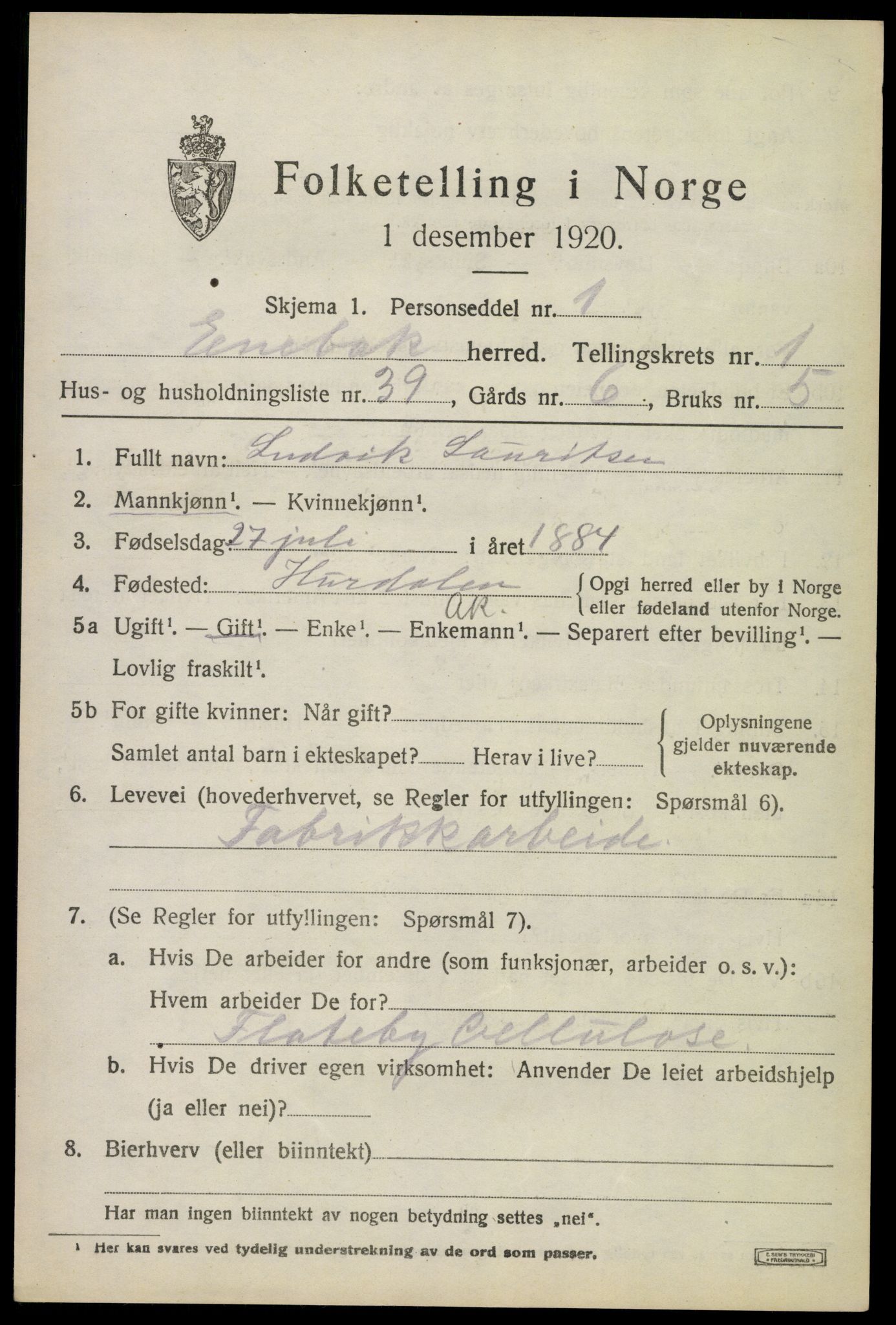 SAO, 1920 census for Enebakk, 1920, p. 1541