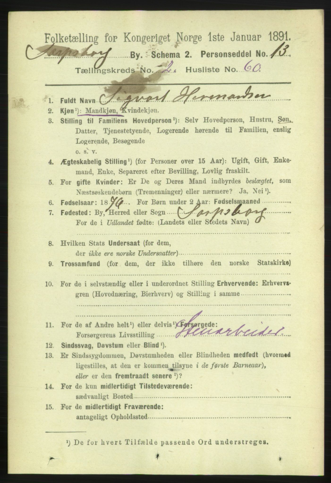 RA, 1891 census for 0102 Sarpsborg, 1891, p. 1884